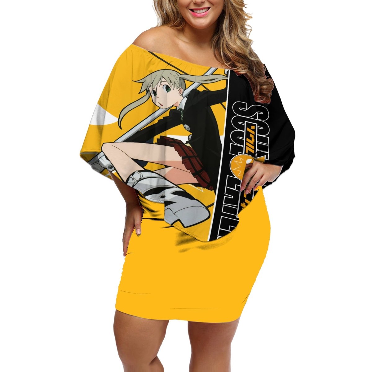 Albarn Maka Soul Eater Off Shoulder Short Dress Anime Art Mix With Skull Pattern Style TS04 - The Mazicc - Women - S - Black/Yellow