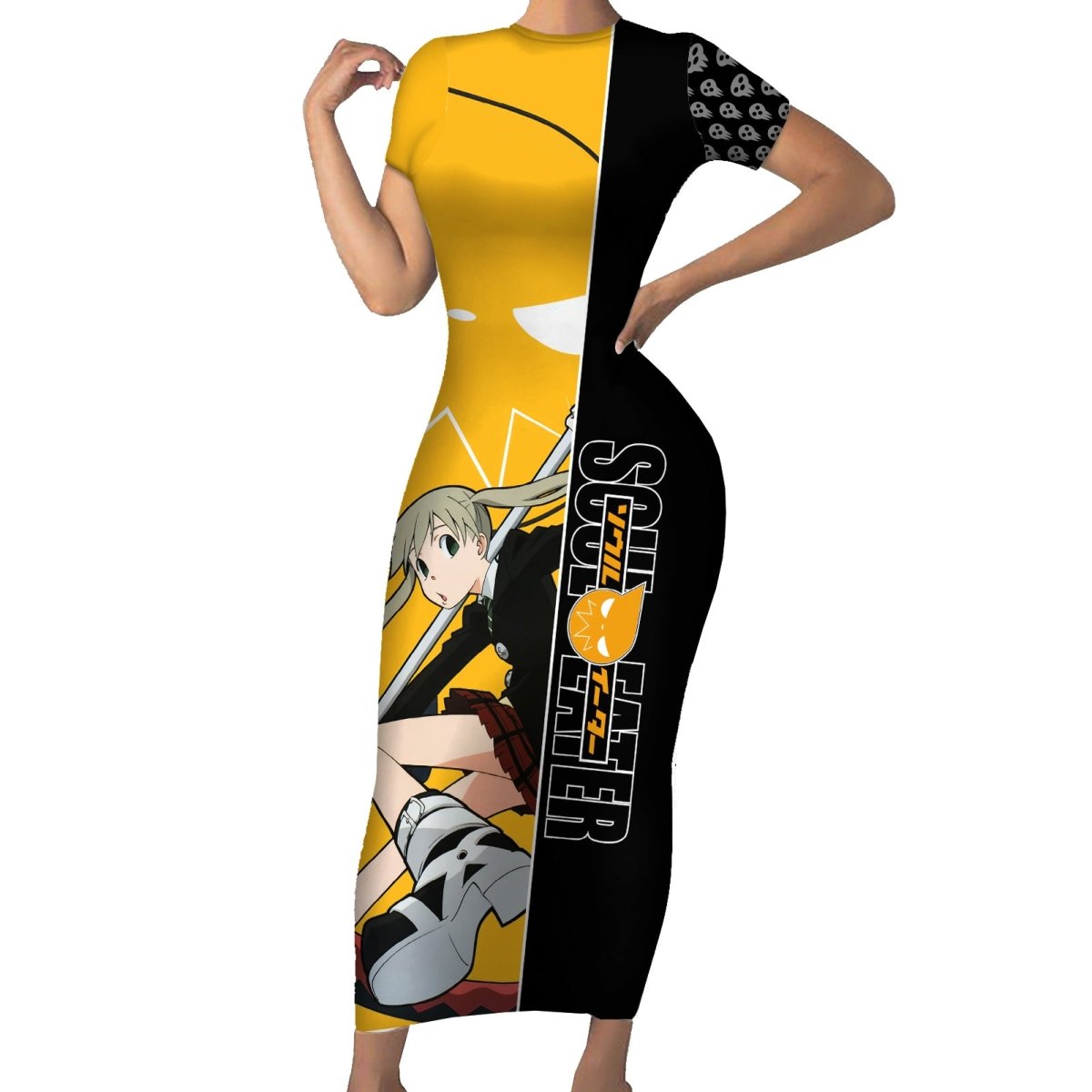 Albarn Maka Soul Eater Short Sleeve Bodycon Dress Anime Art Mix With Skull Pattern Style TS04 - The Mazicc - Long Dress - S - Black/Yellow