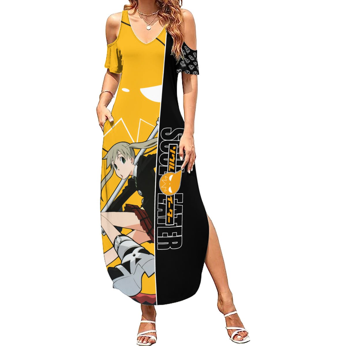 Albarn Maka Soul Eater Summer Maxi Dress Anime Art Mix With Skull Pattern Style TS04 - The Mazicc - Women - S - Black/Yellow