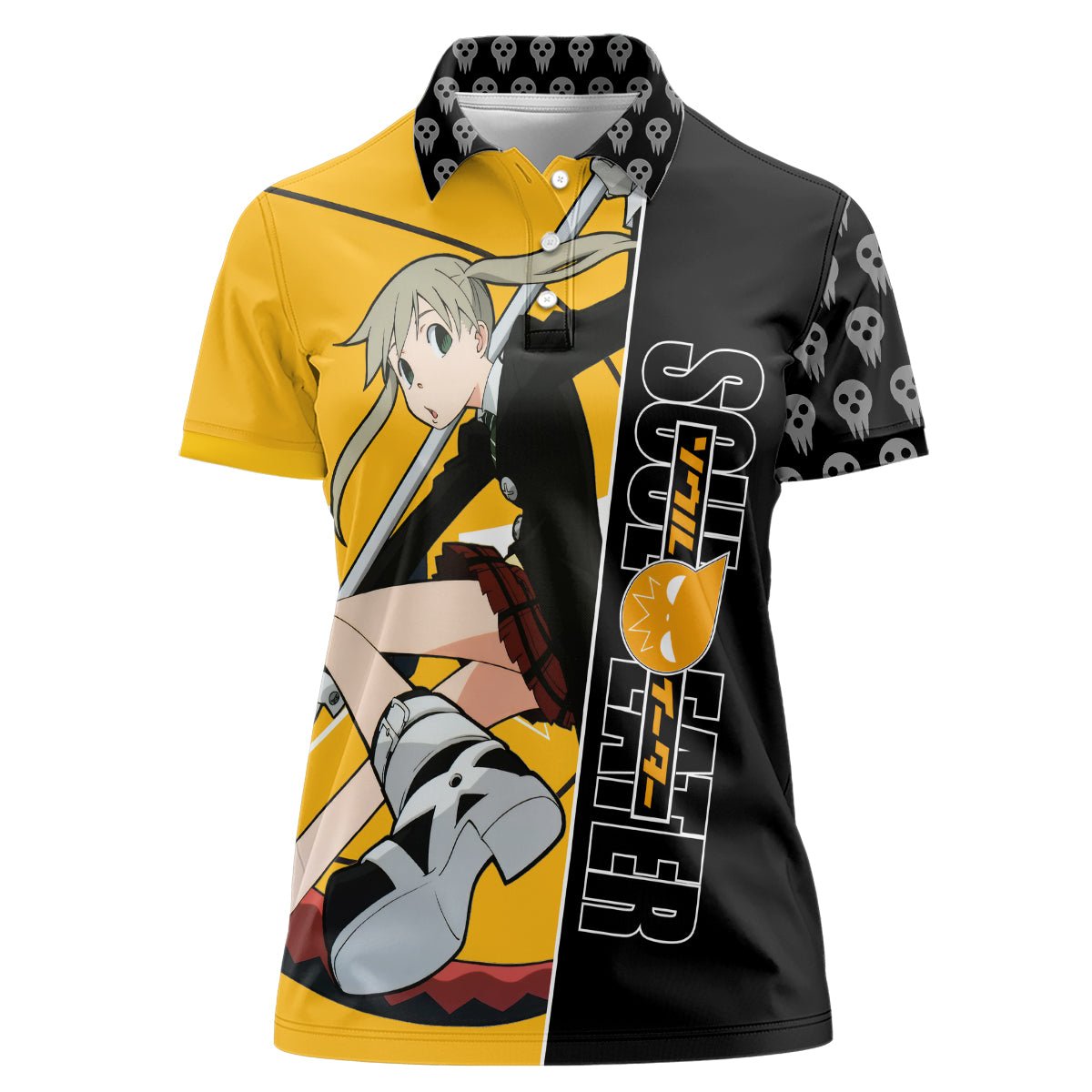 Albarn Maka Soul Eater Women Polo Shirt Anime Art Mix With Skull Pattern Style TS04 - The Mazicc - Female - S - Black/Yellow