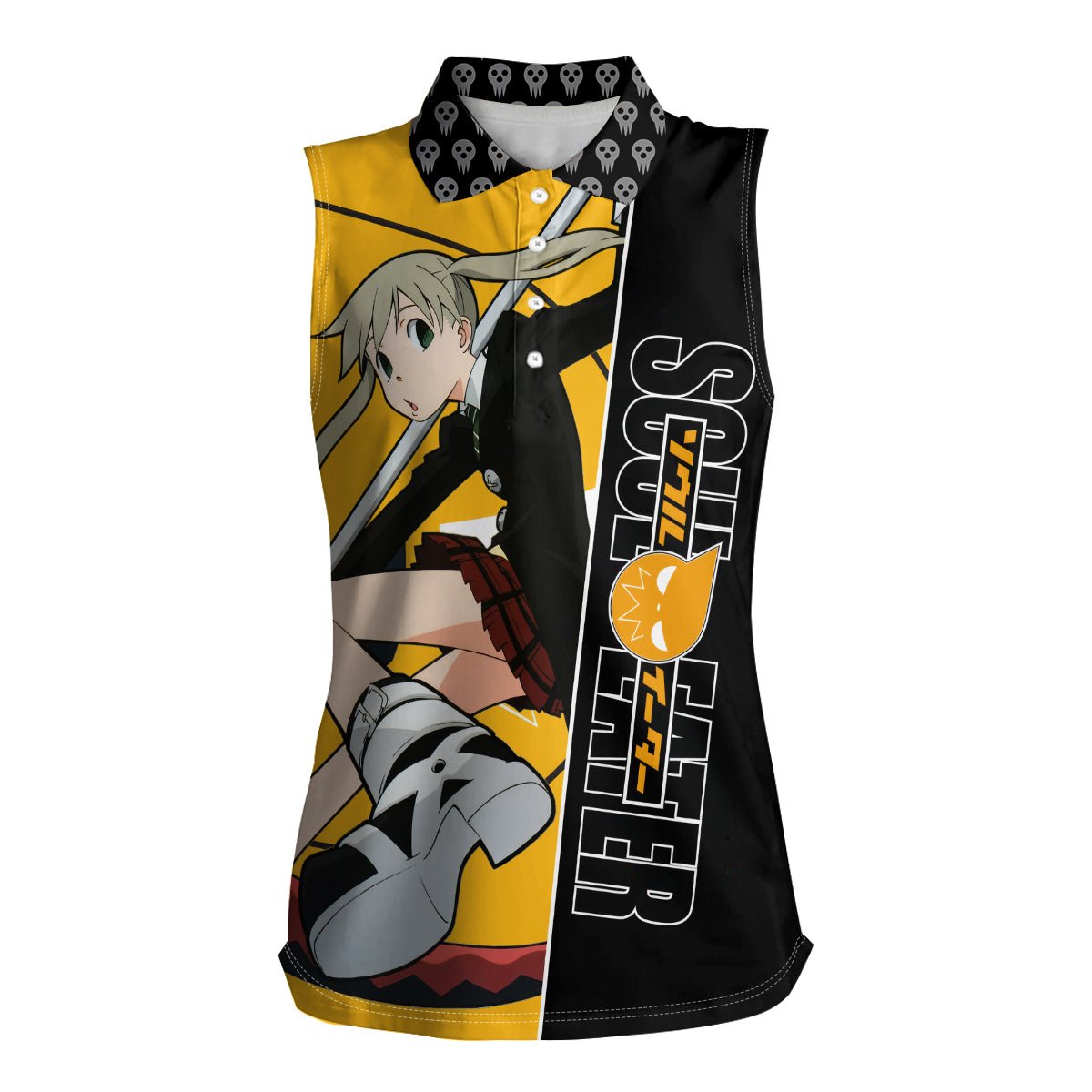 Albarn Maka Soul Eater Women Sleeveless Polo Shirt Anime Art Mix With Skull Pattern Style TS04 - The Mazicc - Female - XS - Black/Yellow