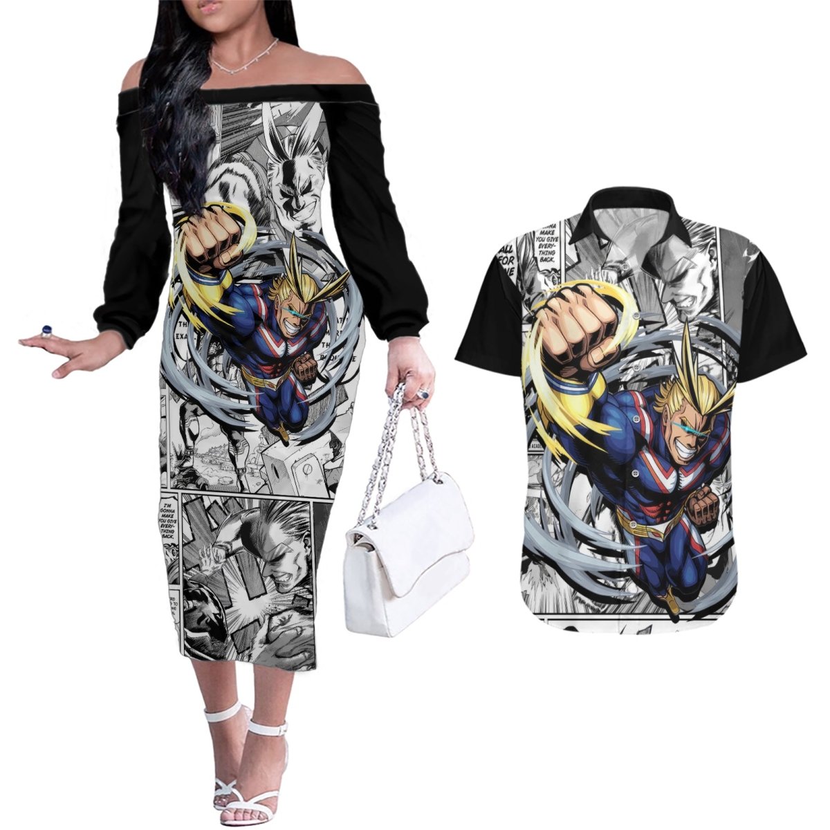 All Might Couples Matching Off The Shoulder Long Sleeve Dress and Hawaiian Shirt Manga Style TS04 - The Mazicc - S - S - Multicolor