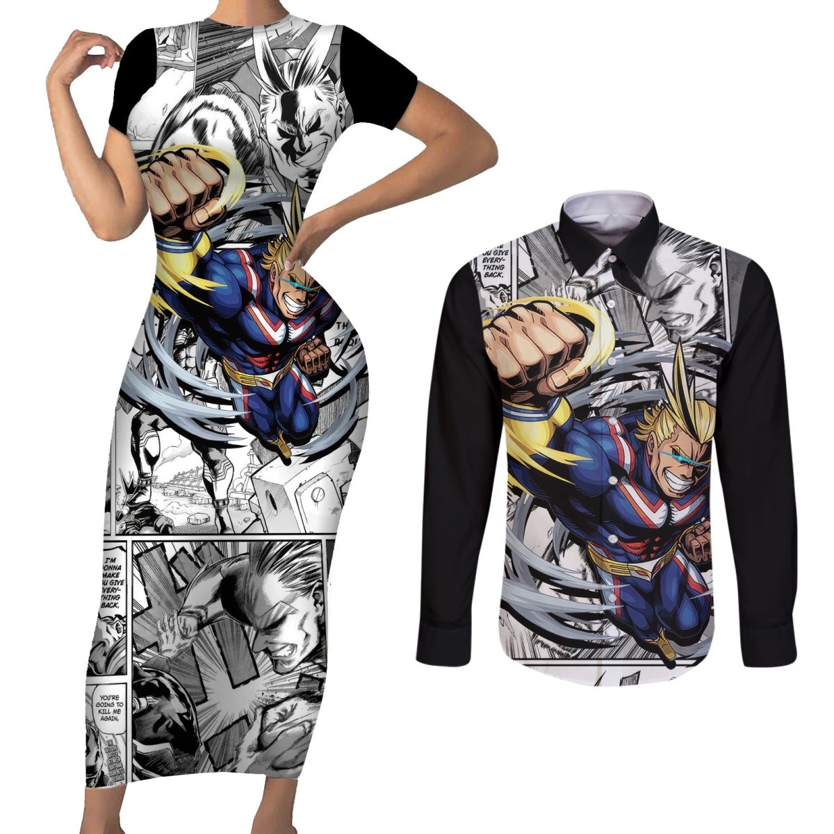 All Might Couples Matching Short Sleeve Bodycon Dress and Long Sleeve Button Shirt Manga Style TS04 - The Mazicc - S - S - Multicolor