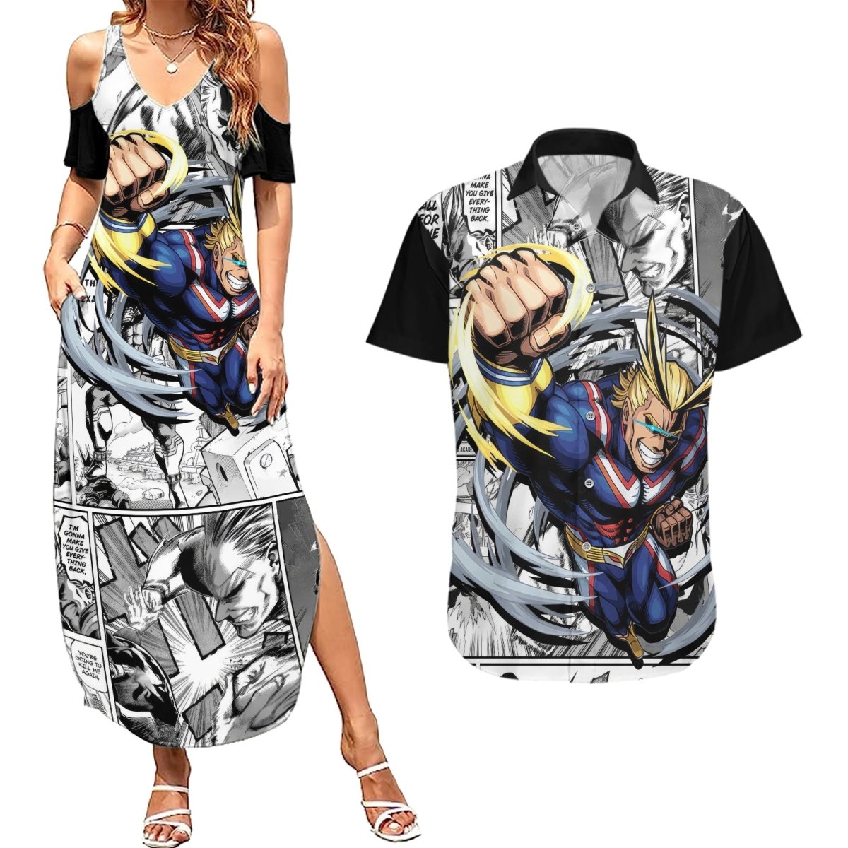 All Might Couples Matching Summer Maxi Dress and Hawaiian Shirt Manga Style TS04 - The Mazicc - S - S - Multicolor