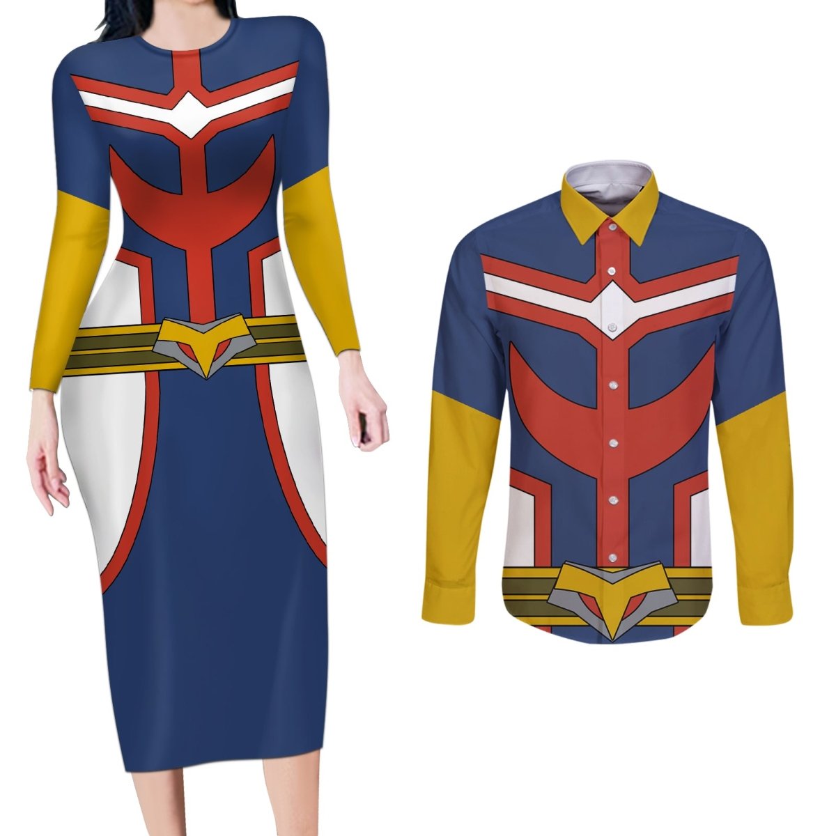 All Might Uniform Couples Matching Long Sleeve Bodycon Dress and Long Sleeve Button Shirt My Hero Academia TS04 - The Mazicc - S - S - Multicolor