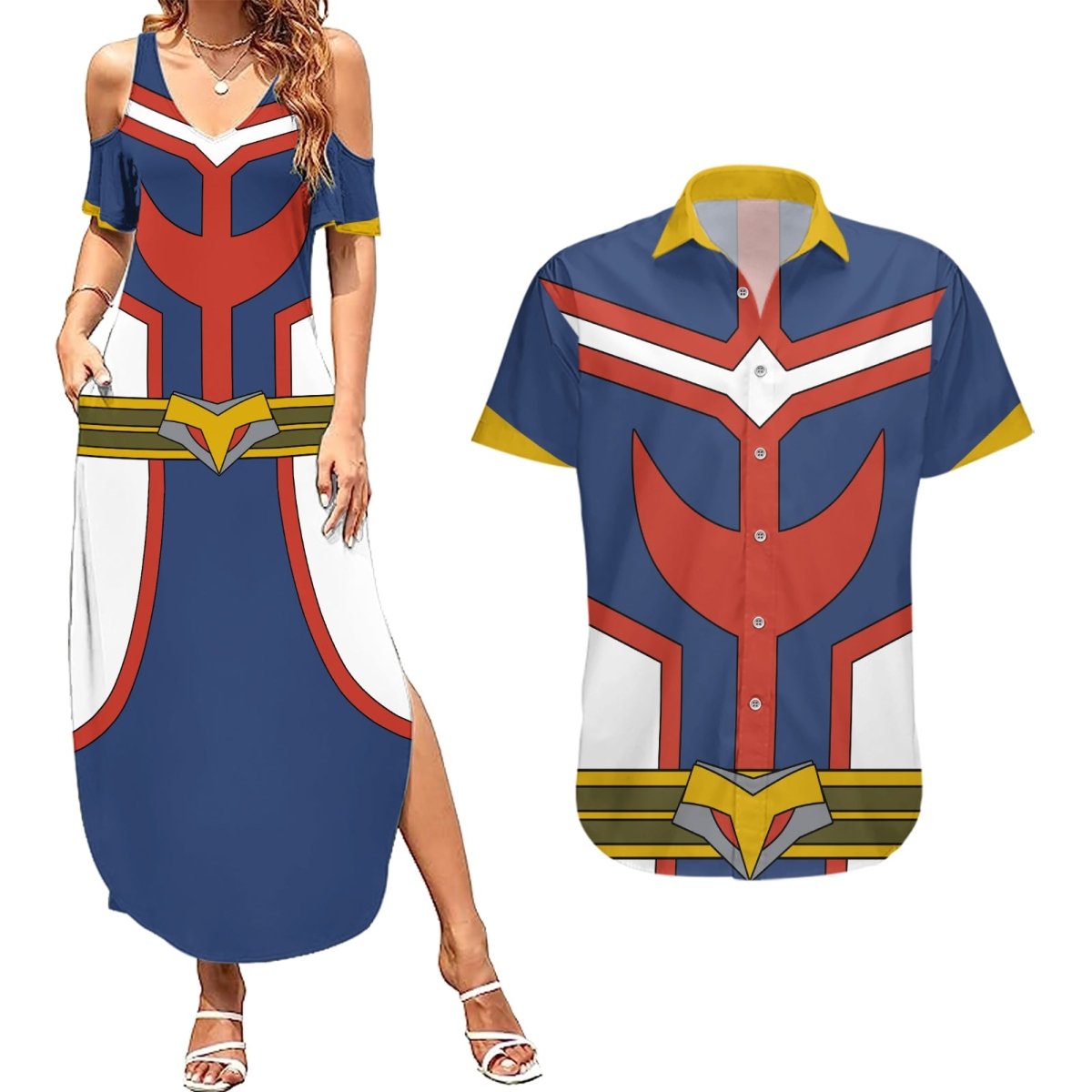 All Might Uniform Couples Matching Summer Maxi Dress and Hawaiian Shirt My Hero Academia TS04 - The Mazicc - S - S - Multicolor