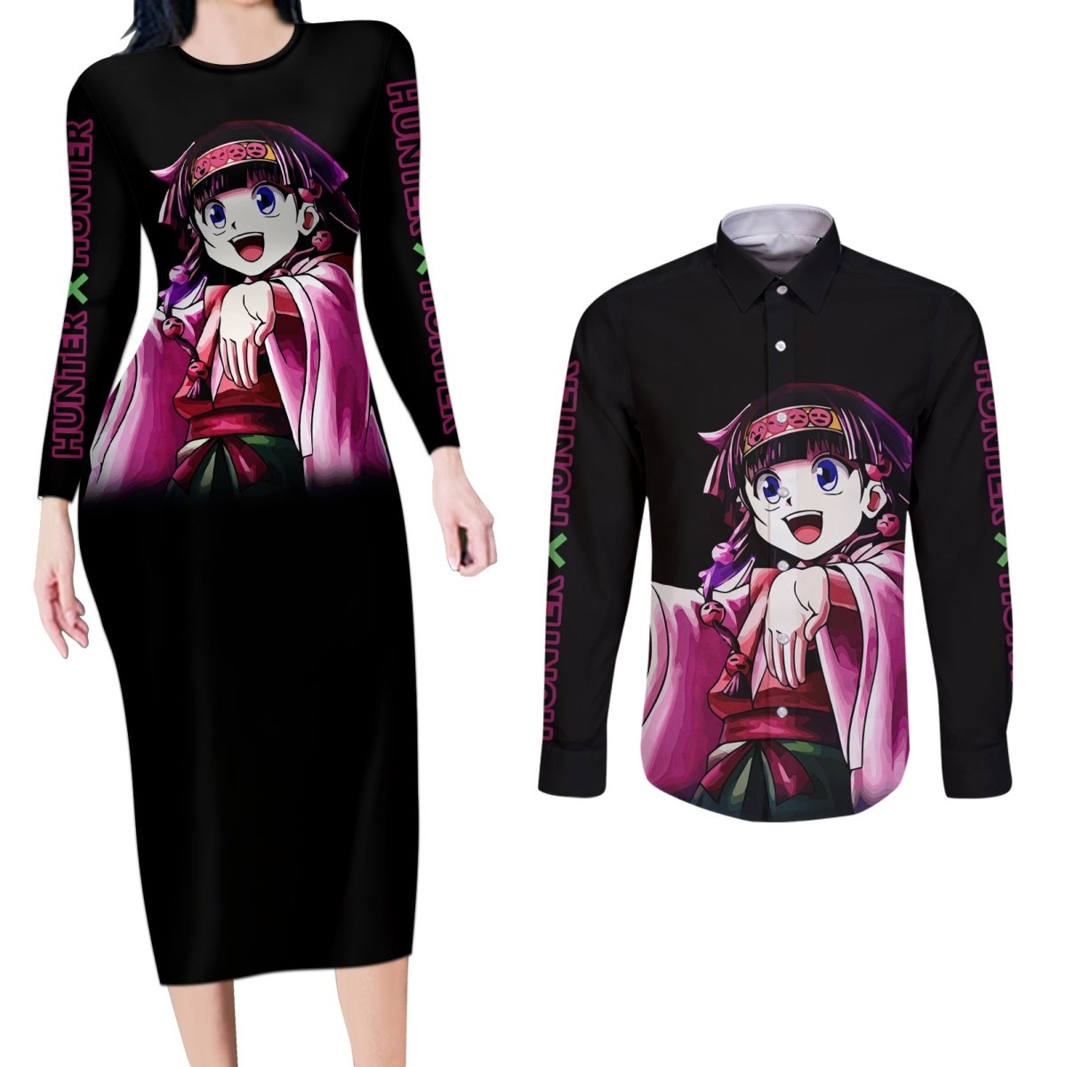 Alluka Zoldyck Hunter X Hunter Couples Matching Long Sleeve Bodycon Dress and Long Sleeve Button Shirt Anime Style TS04 - The Mazicc - S - S - Black