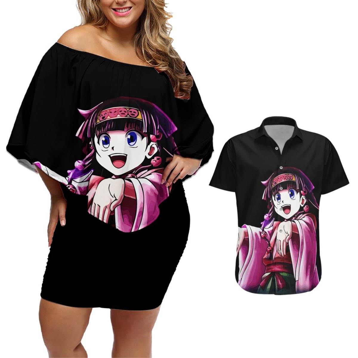 Alluka Zoldyck Hunter X Hunter Couples Matching Off Shoulder Short Dress and Hawaiian Shirt Anime Style TS04 - The Mazicc - S - S - Black