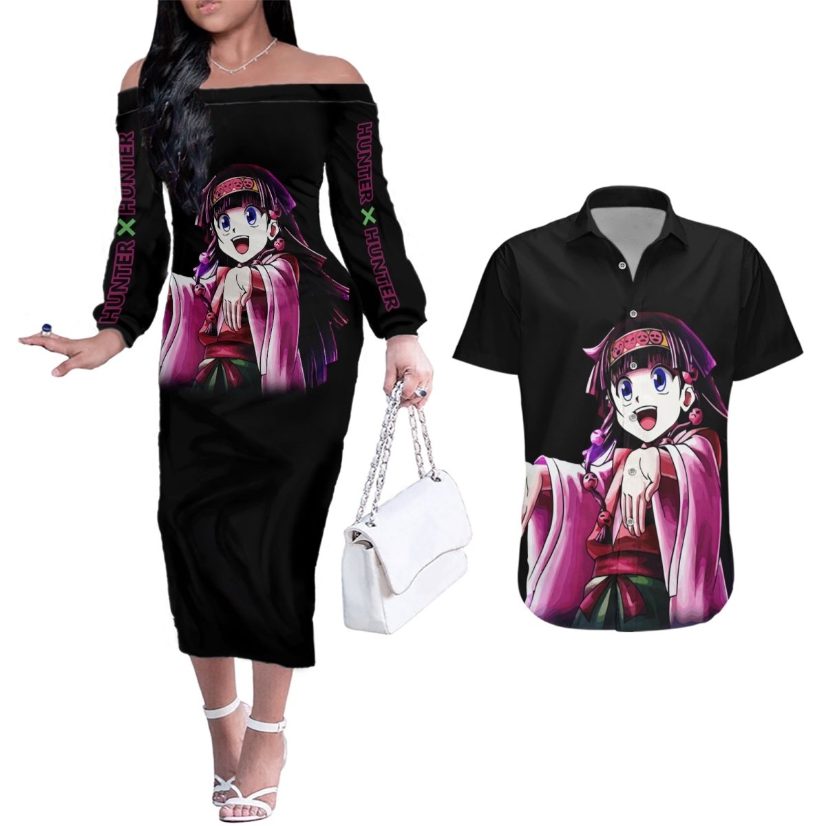 Alluka Zoldyck Hunter X Hunter Couples Matching Off The Shoulder Long Sleeve Dress and Hawaiian Shirt Anime Style TS04 - The Mazicc - S - S - Black