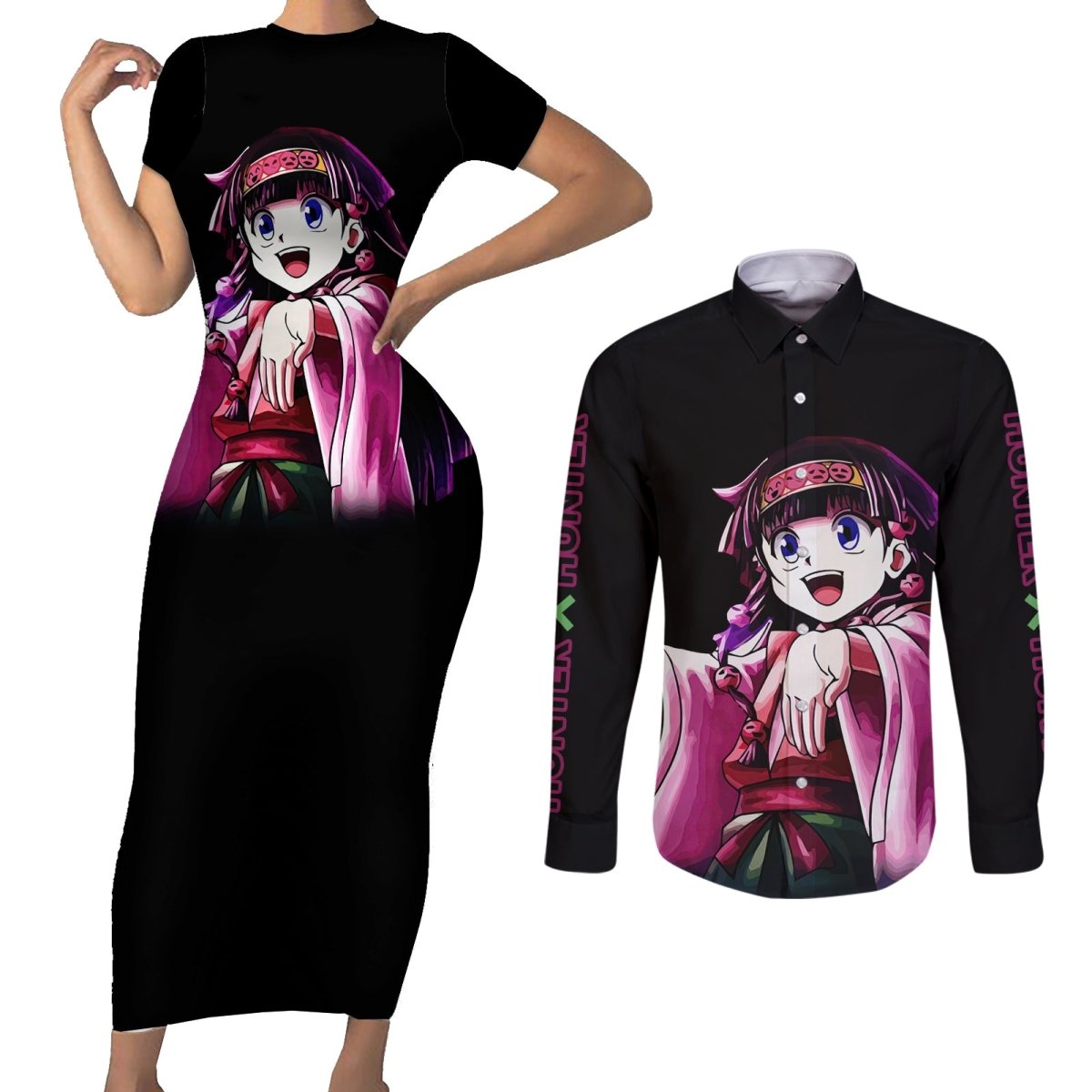 Alluka Zoldyck Hunter X Hunter Couples Matching Short Sleeve Bodycon Dress and Long Sleeve Button Shirt Anime Style TS04 - The Mazicc - S - S - Black