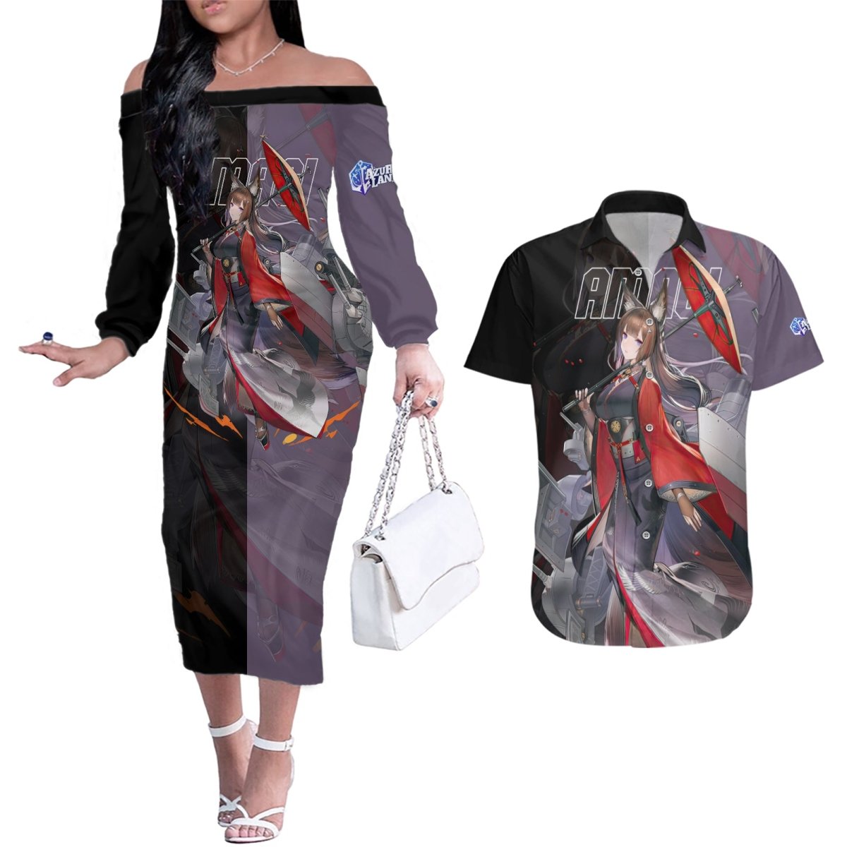 Amagi - Azur Lane Couples Matching Off The Shoulder Long Sleeve Dress and Hawaiian Shirt Anime Game Style TS04 - The Mazicc - S - S - Black/Purple