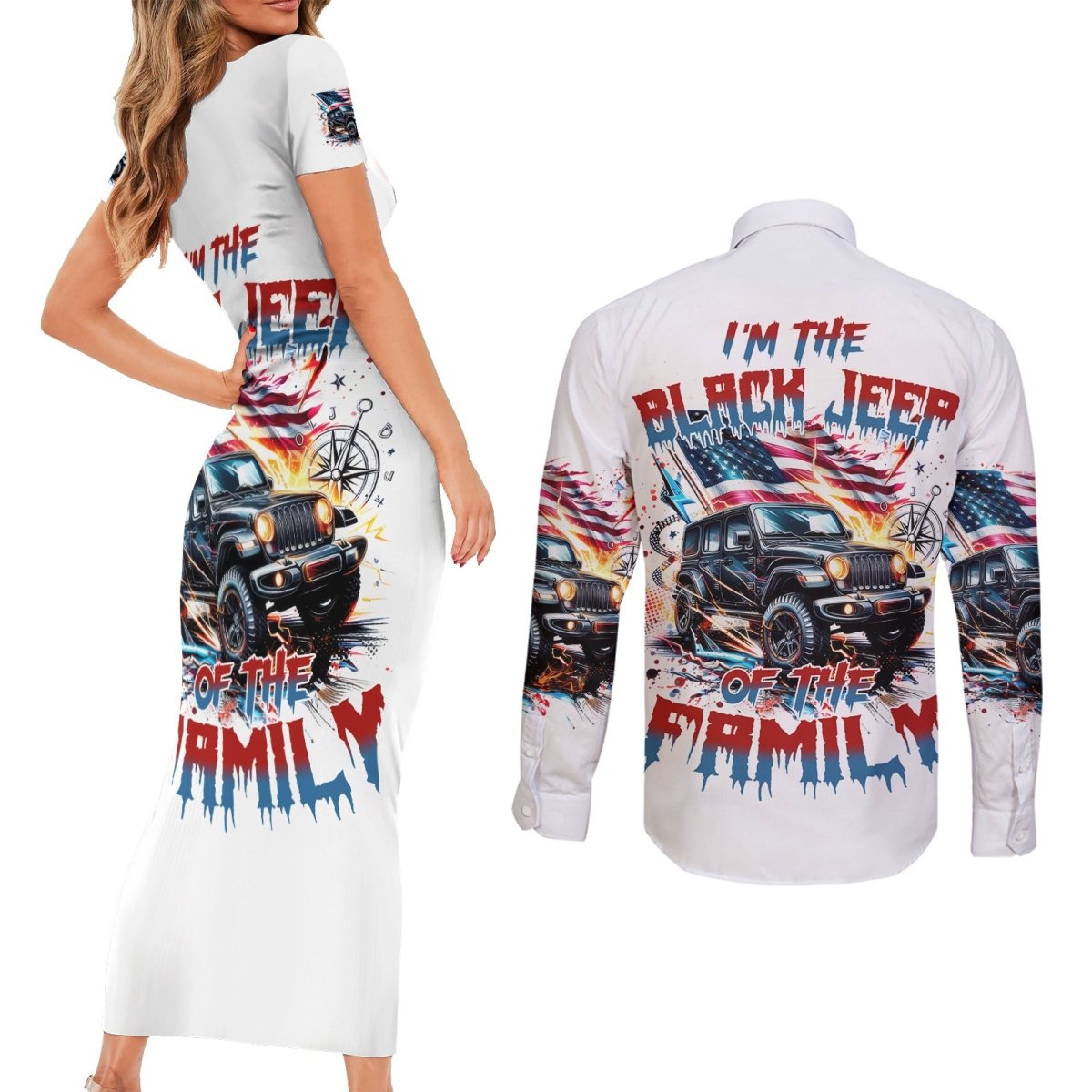 America Jeep Couples Matching Short Sleeve Bodycon Dress and Long Sleeve Button Shirt I'm The Black Jeep Of The Family DT01 - The Mazicc - S - S - White