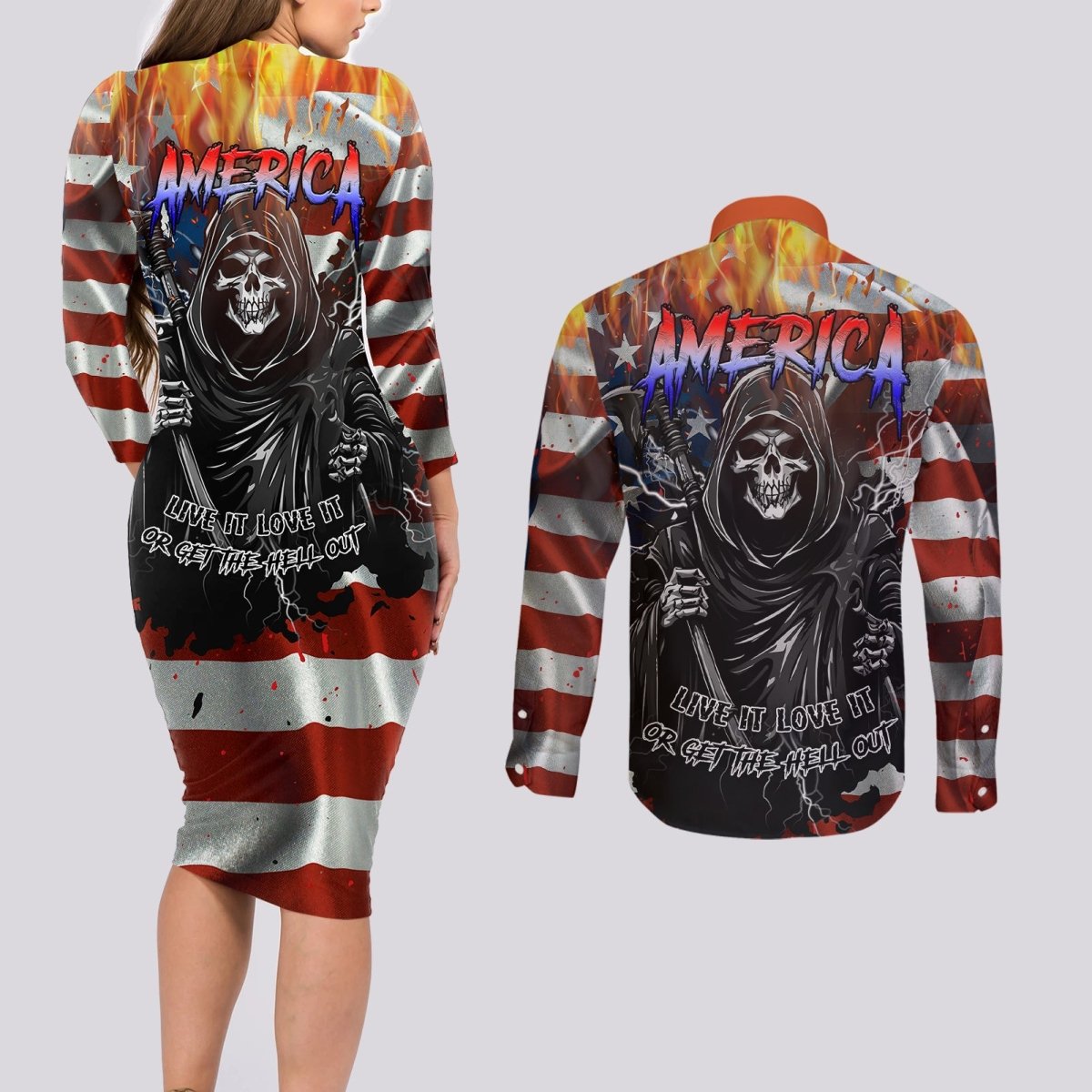 America Live It Love it Or Get the Hell Out Couples Matching Long Sleeve Bodycon Dress and Long Sleeve Button Shirts TS04 - The Mazicc - S - S - Multicolor