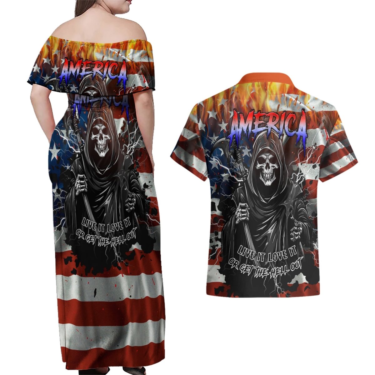 America Live It Love it Or Get the Hell Out Couples Matching Off Shoulder Maxi Dress and Hawaiian Shirt TS04 - The Mazicc - S - S - Multicolor