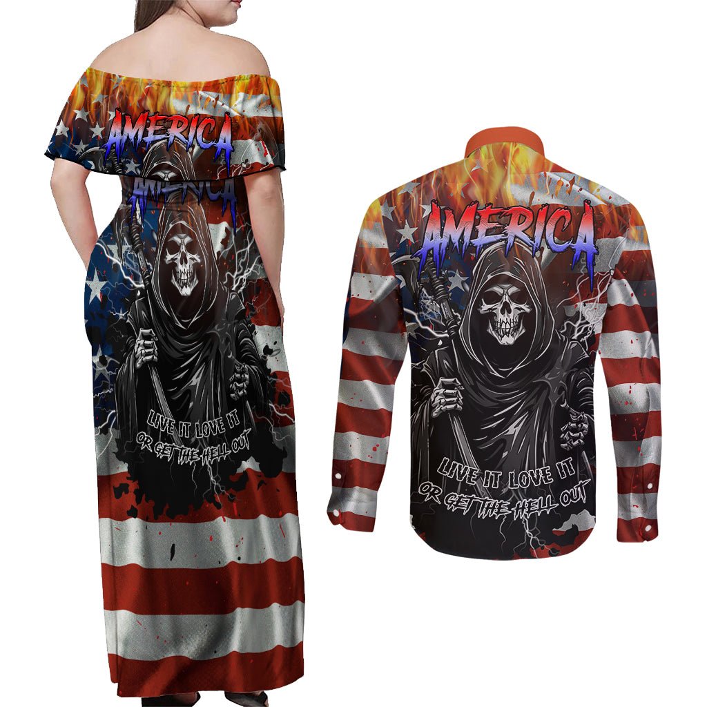 America Live It Love it Or Get the Hell Out Couples Matching Off Shoulder Maxi Dress and Long Sleeve Button Shirts TS04 - The Mazicc - S - S - Multicolor