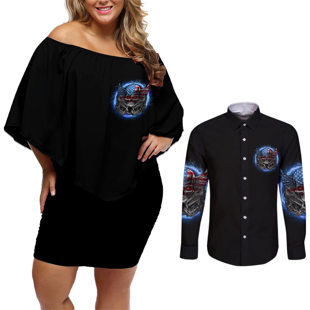 America Live It Love It Or Get The Hell Out Couples Matching Off Shoulder Short Dress and Long Sleeve Button Shirt TS04 - The Mazicc - S - S - Multicolor