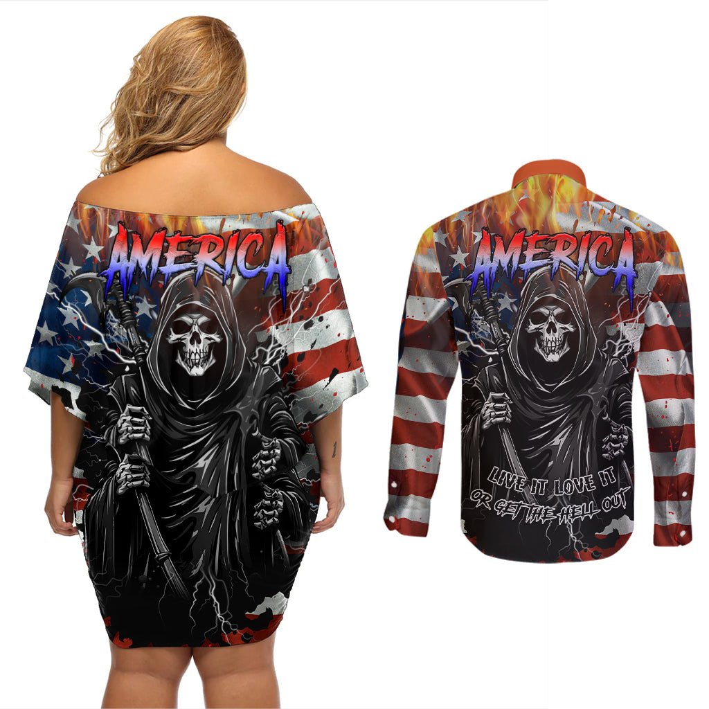 America Live It Love it Or Get the Hell Out Couples Matching Off Shoulder Short Dress and Long Sleeve Button Shirts TS04 - The Mazicc - S - S - Multicolor