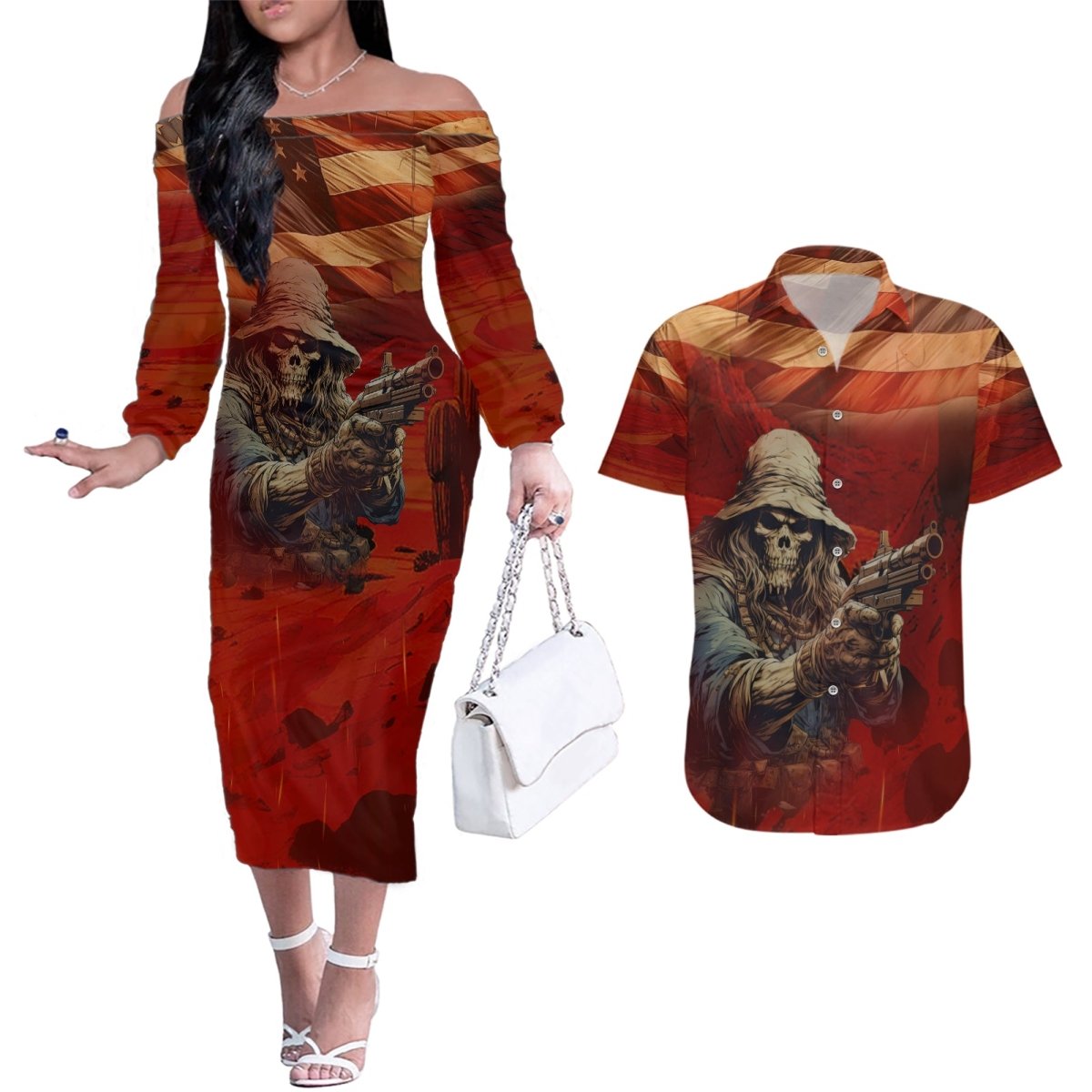 America Live It - Love It Or Get The Hell Out Couples Matching Off The Shoulder Long Sleeve Dress and Hawaiian Shirt TS04 - The Mazicc - S - S - Multicolor