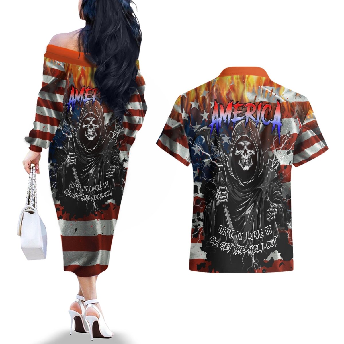 America Live It Love it Or Get the Hell Out Couples Matching Off The Shoulder Long Sleeve Dress and Hawaiian Shirt TS04 - The Mazicc - S - S - Multicolor