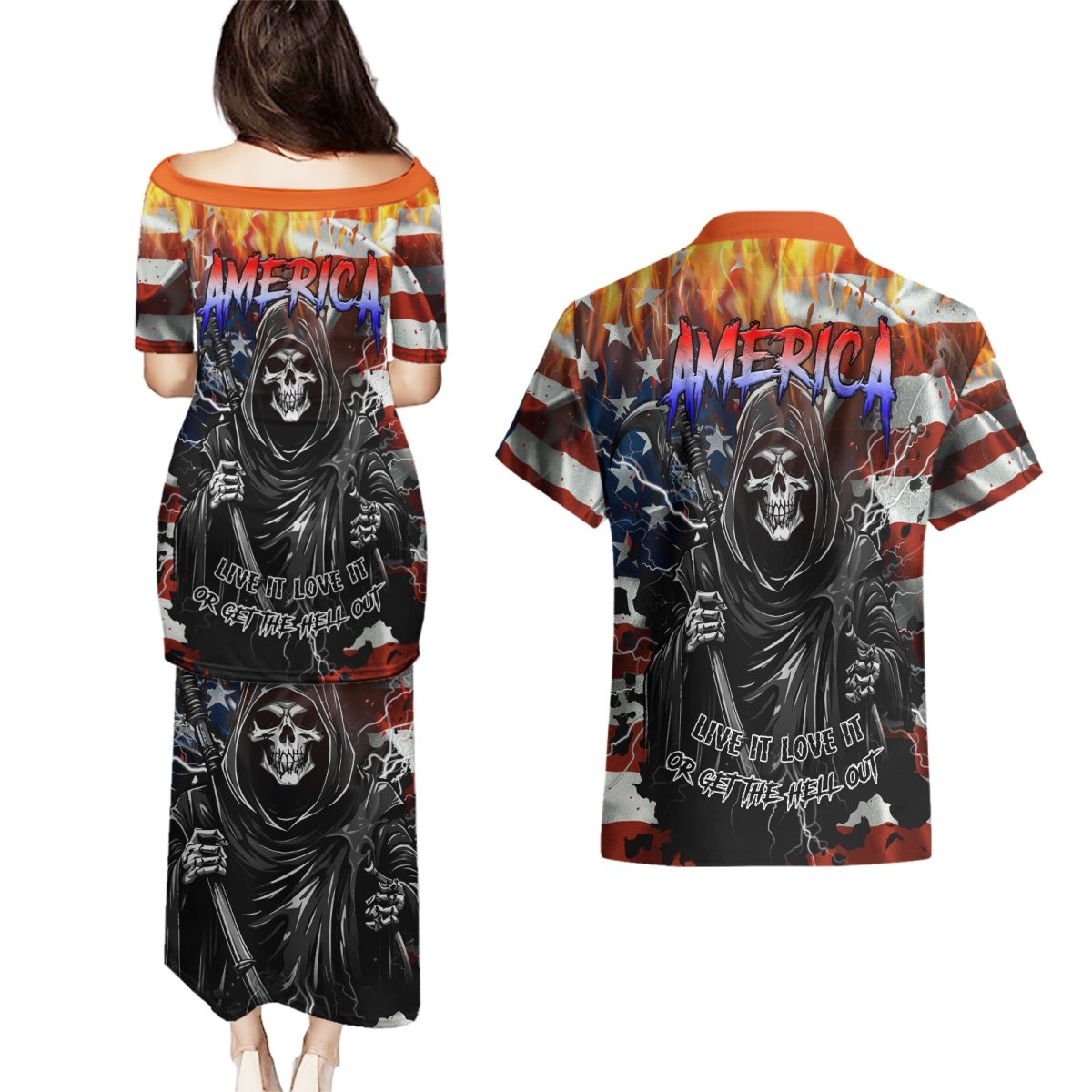 America Live It Love it Or Get the Hell Out Couples Matching Puletasi Dress and Hawaiian Shirt TS04 - The Mazicc - S - S - Multicolor