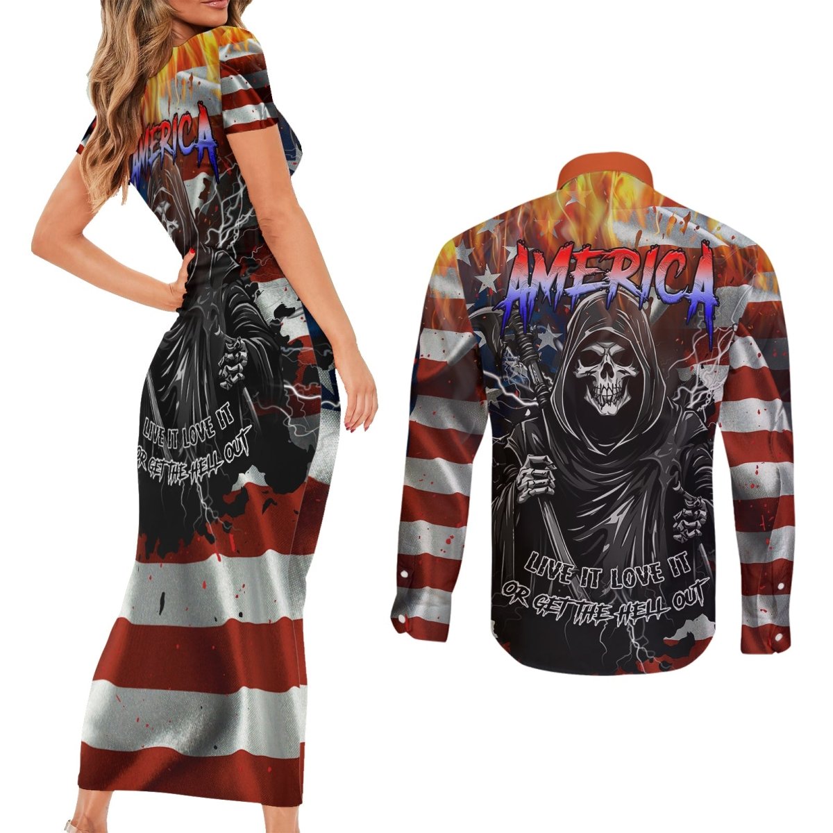 America Live It Love it Or Get the Hell Out Couples Matching Short Sleeve Bodycon Dress and Long Sleeve Button Shirts TS04 - The Mazicc - S - S - Multicolor