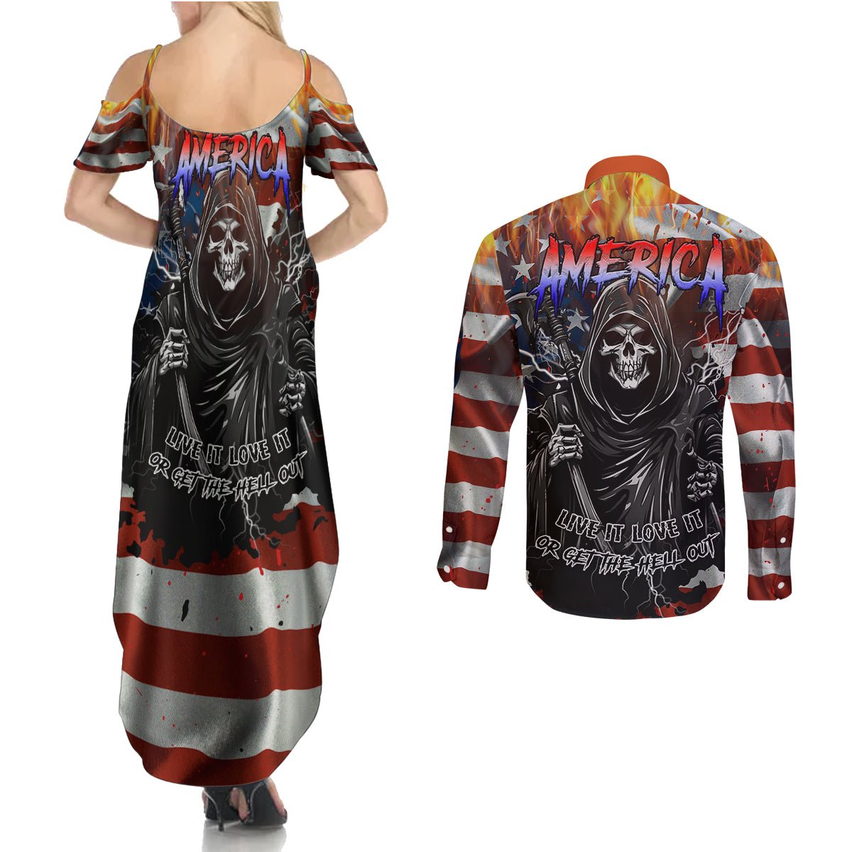 America Live It Love it Or Get the Hell Out Couples Matching Summer Maxi Dress and Long Sleeve Button Shirts TS04 - The Mazicc - S - S - Multicolor