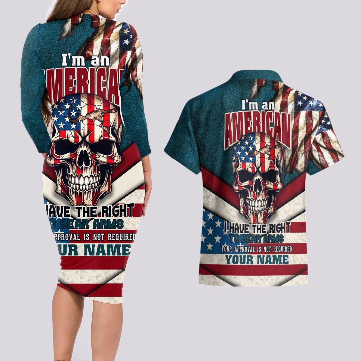 American Flag Skull Couples Matching Long Sleeve Bodycon Dress and Hawaiian Shirt I'm an American I Have The Right To Bear Arms Your Approval Is Not Required TS04 - The Mazicc - S - S - Dark Cyan