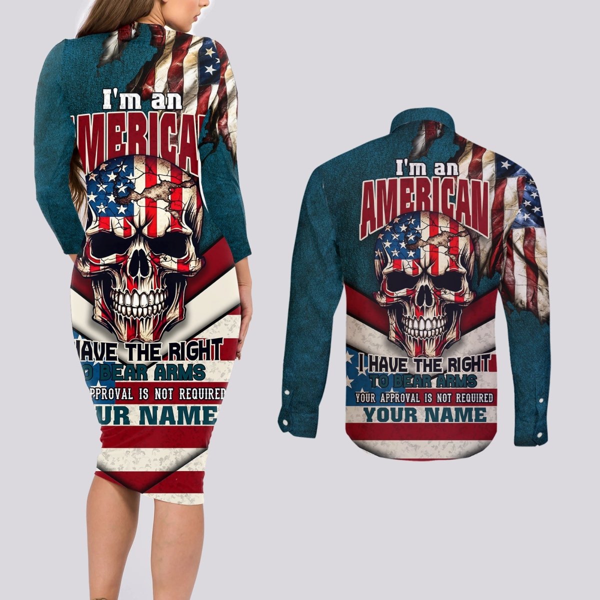 American Flag Skull Couples Matching Long Sleeve Bodycon Dress and Long Sleeve Button Shirts I'm an American I Have The Right To Bear Arms Your Approval Is Not Required TS04 - The Mazicc - S - S - Dark Cyan