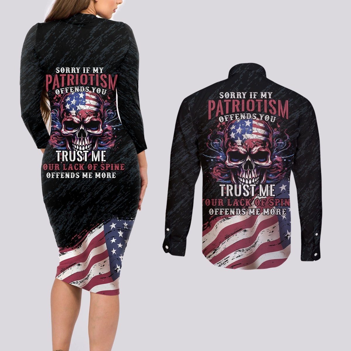 American Flag Skull Couples Matching Long Sleeve Bodycon Dress and Long Sleeve Button Shirts Sorry If My Patriotism Offends You Trust Me TS04 - The Mazicc - S - S - Black Grunge