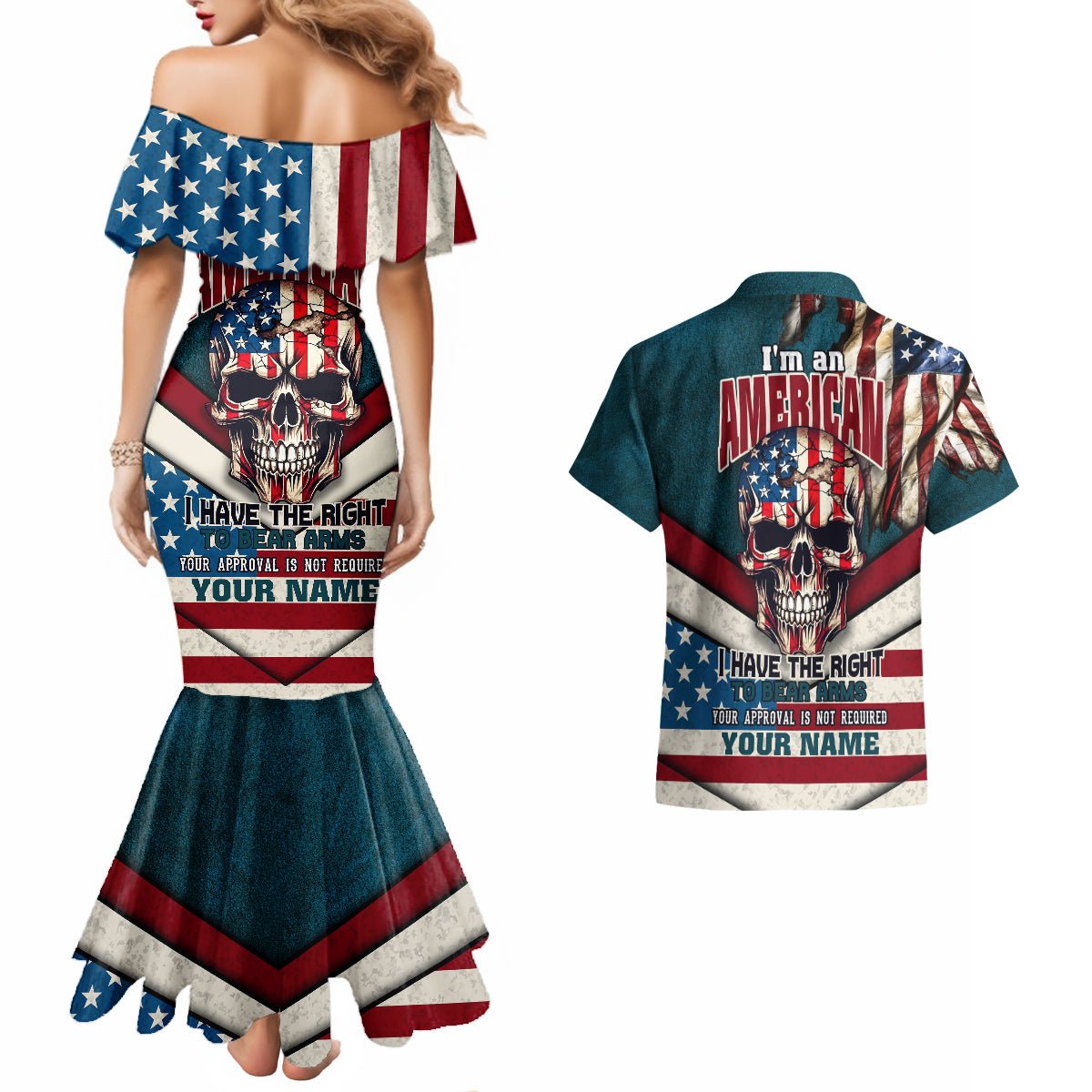 American Flag Skull Couples Matching Mermaid Dress and Hawaiian Shirt I'm an American I Have The Right To Bear Arms Your Approval Is Not Required TS04 - The Mazicc - S - S - Dark Cyan