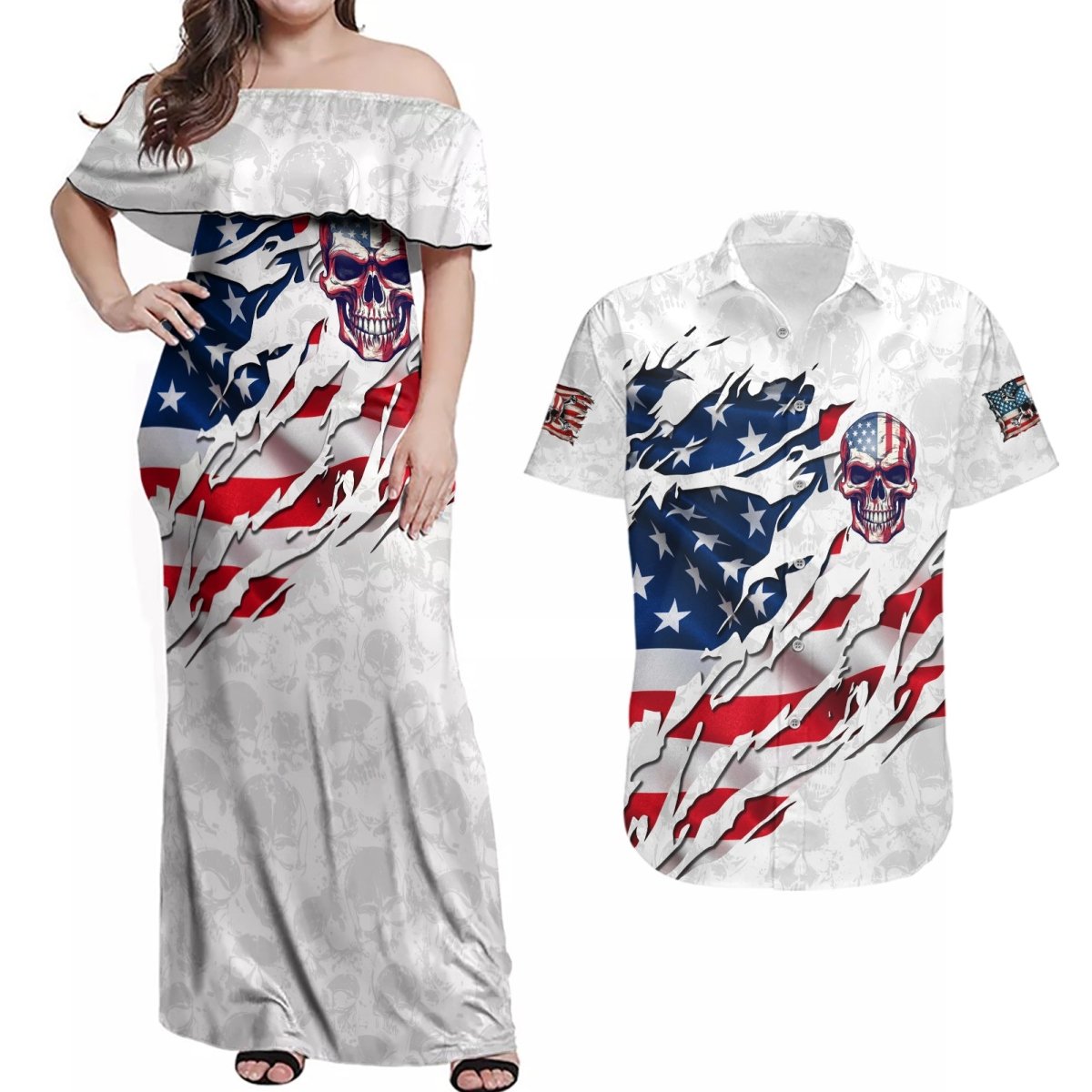 American Flag Skull Couples Matching Off Shoulder Maxi Dress and Hawaiian Shirt DT02 - The Mazicc - S - S - White