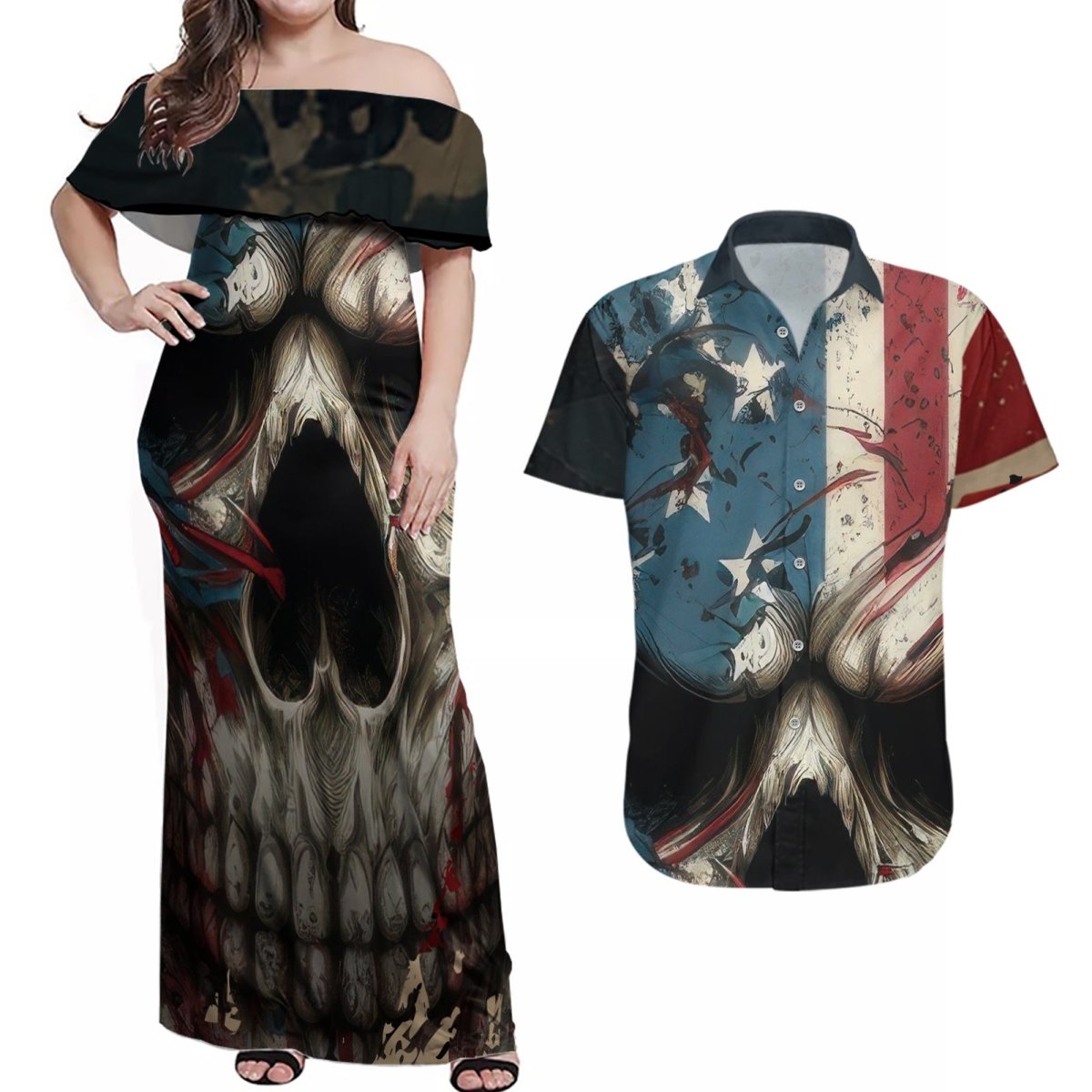 American Flag Skull Couples Matching Off Shoulder Maxi Dress and Hawaiian Shirt I'm Not Anti - Social I'm Just Not User Friendly TS04 - The Mazicc - S - S - Multicolor