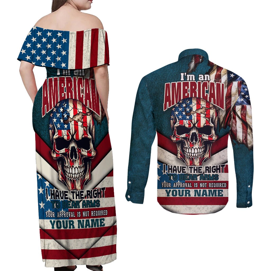 American Flag Skull Couples Matching Off Shoulder Maxi Dress and Long Sleeve Button Shirts I'm an American I Have The Right To Bear Arms Your Approval Is Not Required TS04 - The Mazicc - S - S - Dark Cyan