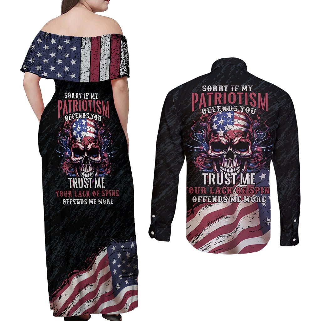 American Flag Skull Couples Matching Off Shoulder Maxi Dress and Long Sleeve Button Shirts Sorry If My Patriotism Offends You Trust Me TS04 - The Mazicc - S - S - Black Grunge