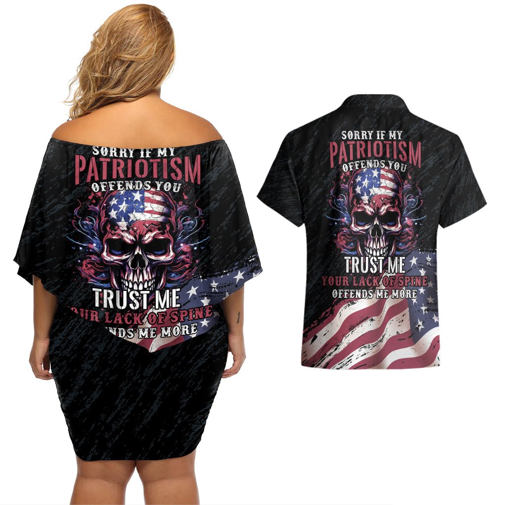 American Flag Skull Couples Matching Off Shoulder Short Dress and Hawaiian Shirt Sorry If My Patriotism Offends You Trust Me TS04 - The Mazicc - S - S - Black Grunge