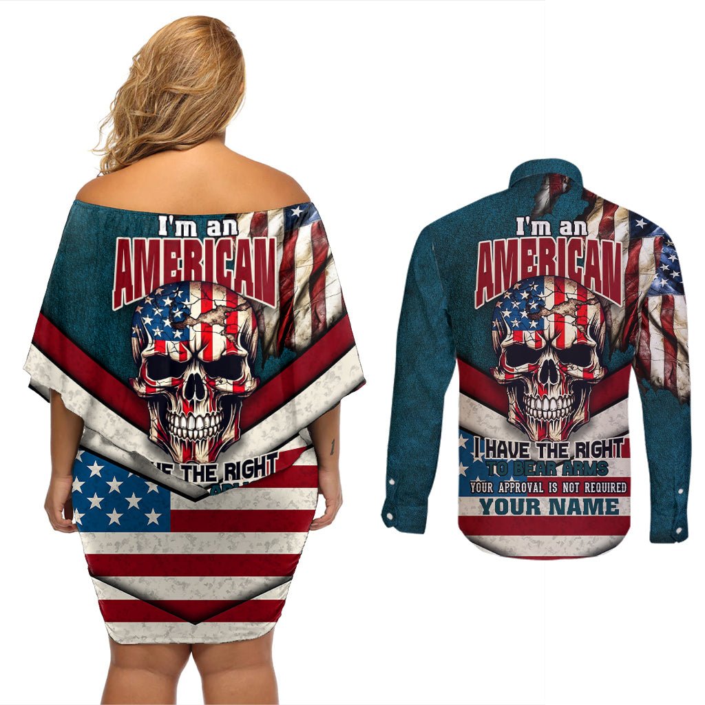 American Flag Skull Couples Matching Off Shoulder Short Dress and Long Sleeve Button Shirts I'm an American I Have The Right To Bear Arms Your Approval Is Not Required TS04 - The Mazicc - S - S - Dark Cyan