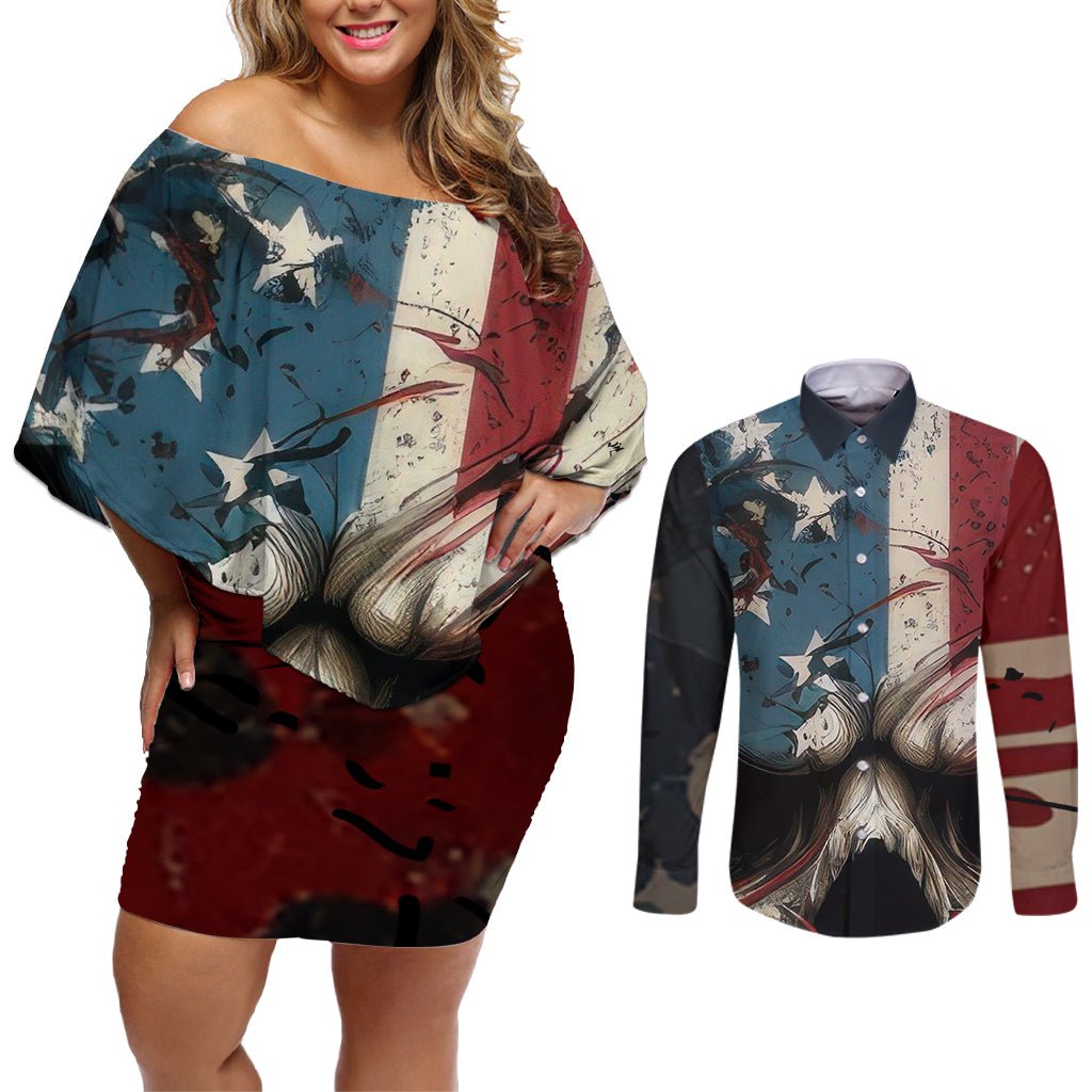 American Flag Skull Couples Matching Off Shoulder Short Dress and Long Sleeve Button Shirts I'm Not Anti - Social I'm Just Not User Friendly TS04 - The Mazicc - S - S - Multicolor