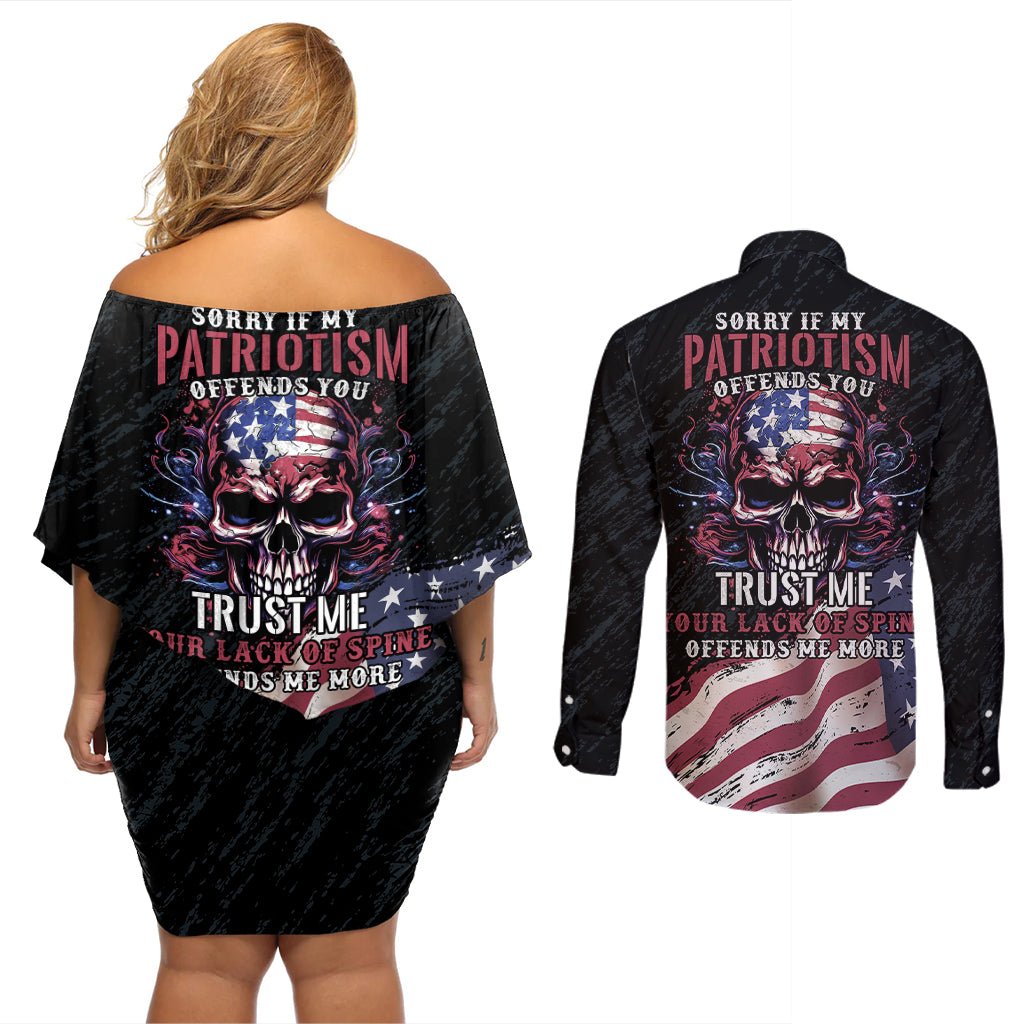 American Flag Skull Couples Matching Off Shoulder Short Dress and Long Sleeve Button Shirts Sorry If My Patriotism Offends You Trust Me TS04 - The Mazicc - S - S - Black Grunge