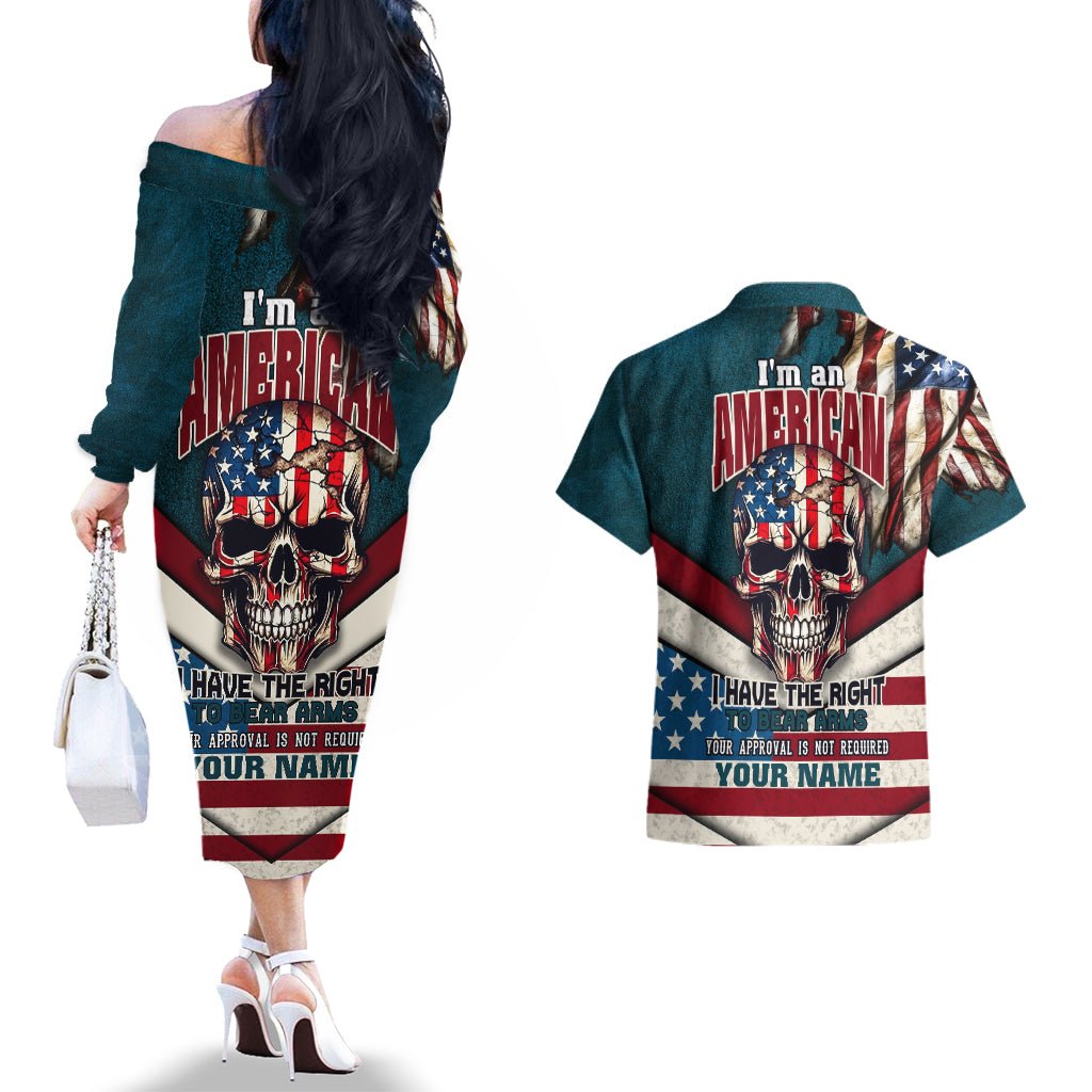 American Flag Skull Couples Matching Off The Shoulder Long Sleeve Dress and Hawaiian Shirt I'm an American I Have The Right To Bear Arms Your Approval Is Not Required TS04 - The Mazicc - S - S - Dark Cyan