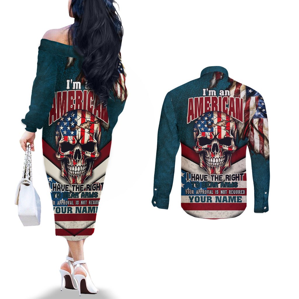 American Flag Skull Couples Matching Off The Shoulder Long Sleeve Dress and Long Sleeve Button Shirts I'm an American I Have The Right To Bear Arms Your Approval Is Not Required TS04 - The Mazicc - S - S - Dark Cyan