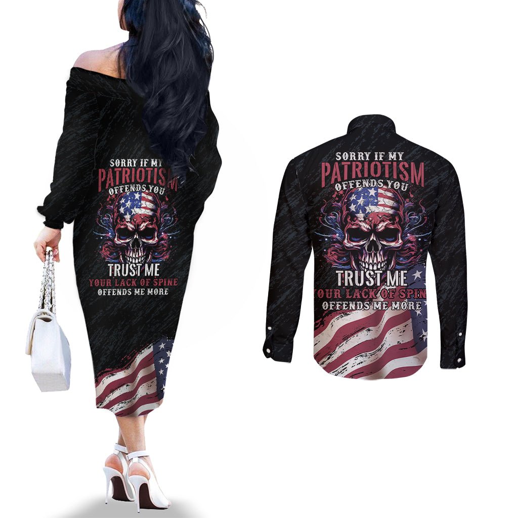 American Flag Skull Couples Matching Off The Shoulder Long Sleeve Dress and Long Sleeve Button Shirts Sorry If My Patriotism Offends You Trust Me TS04 - The Mazicc - S - S - Black Grunge