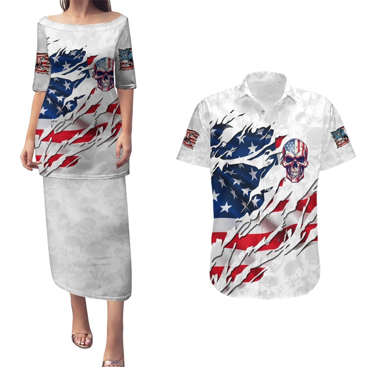 American Flag Skull Couples Matching Puletasi Dress and Hawaiian Shirt DT02 - The Mazicc - S - S - White