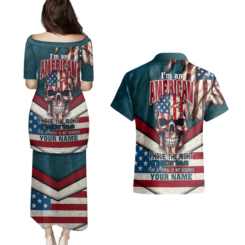 American Flag Skull Couples Matching Puletasi Dress and Hawaiian Shirt I'm an American I Have The Right To Bear Arms Your Approval Is Not Required TS04 - The Mazicc - S - S - Dark Cyan