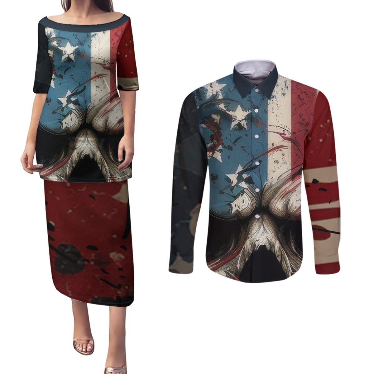 American Flag Skull Couples Matching Puletasi Dress and Long Sleeve Button Shirts I'm Not Anti - Social I'm Just Not User Friendly TS04 - The Mazicc - S - S - Multicolor