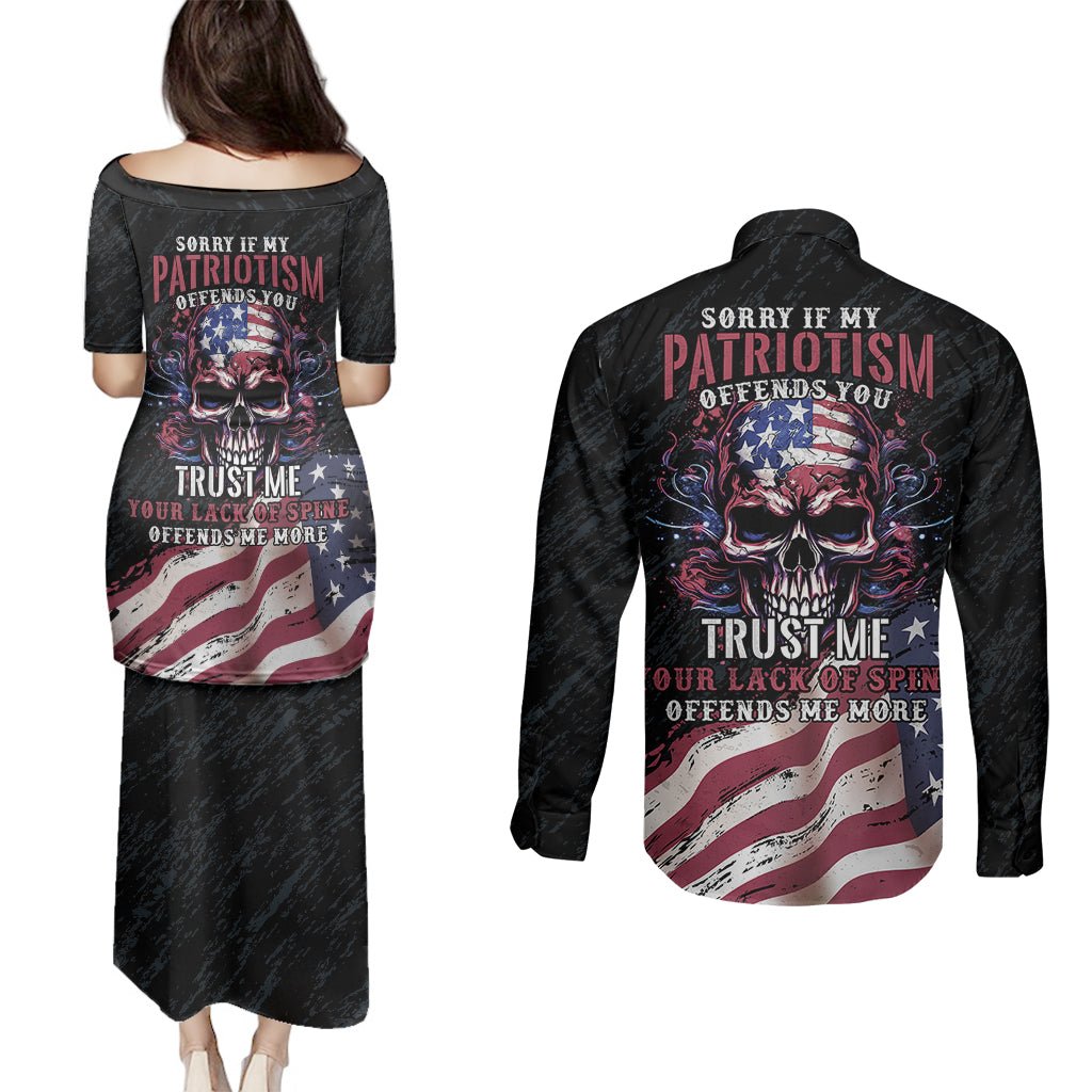 American Flag Skull Couples Matching Puletasi Dress and Long Sleeve Button Shirts Sorry If My Patriotism Offends You Trust Me TS04 - The Mazicc - S - S - Black Grunge