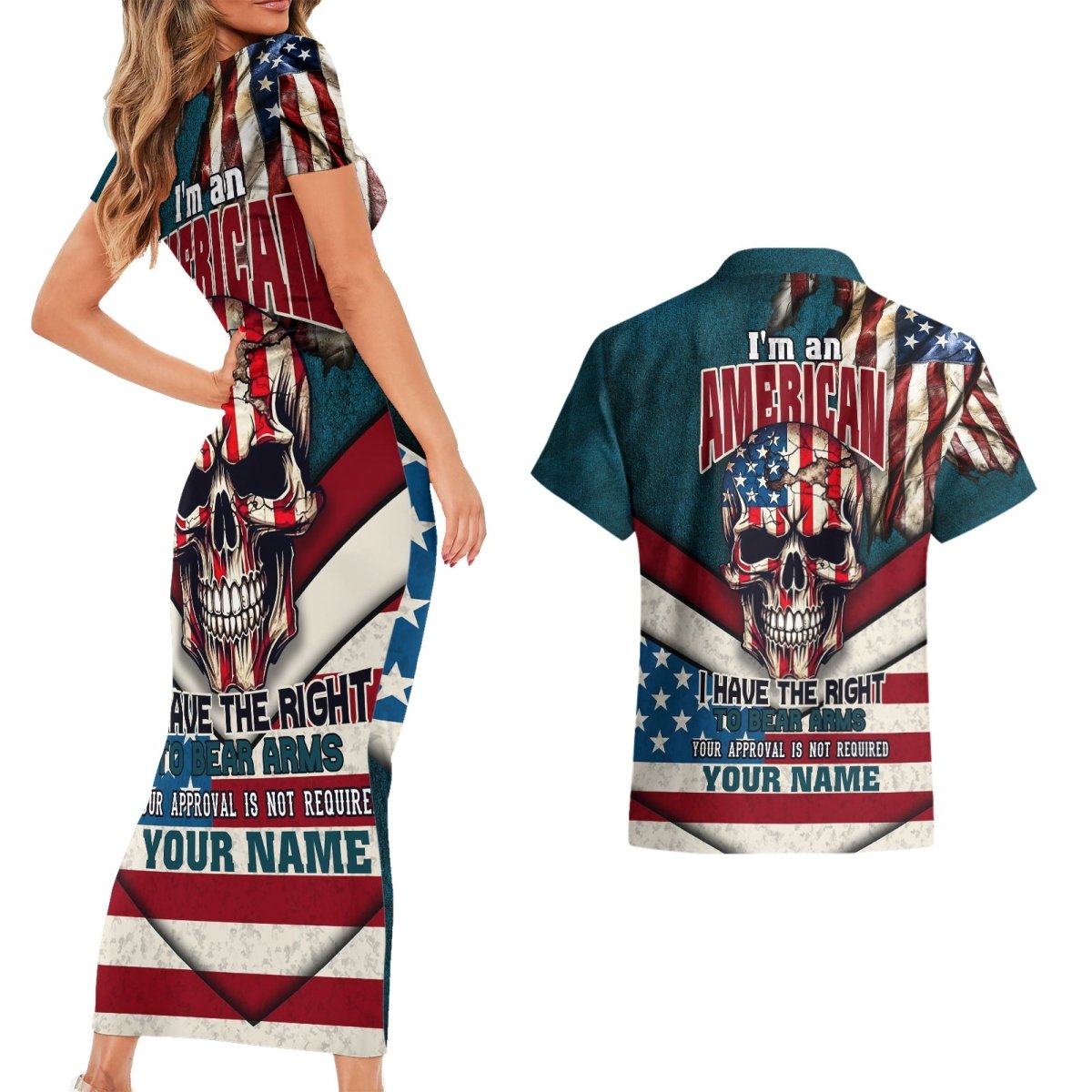 American Flag Skull Couples Matching Short Sleeve Bodycon Dress and Hawaiian Shirt I'm an American I Have The Right To Bear Arms Your Approval Is Not Required TS04 - The Mazicc - S - S - Dark Cyan