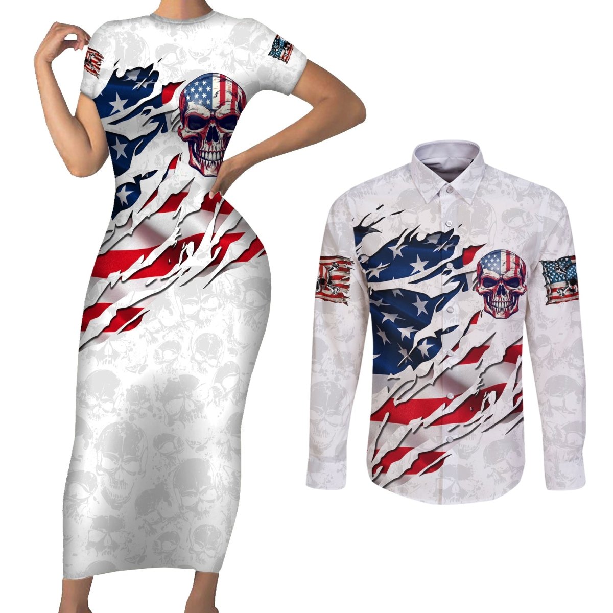 American Flag Skull Couples Matching Short Sleeve Bodycon Dress and Long Sleeve Button Shirt DT02 - The Mazicc - S - S - White