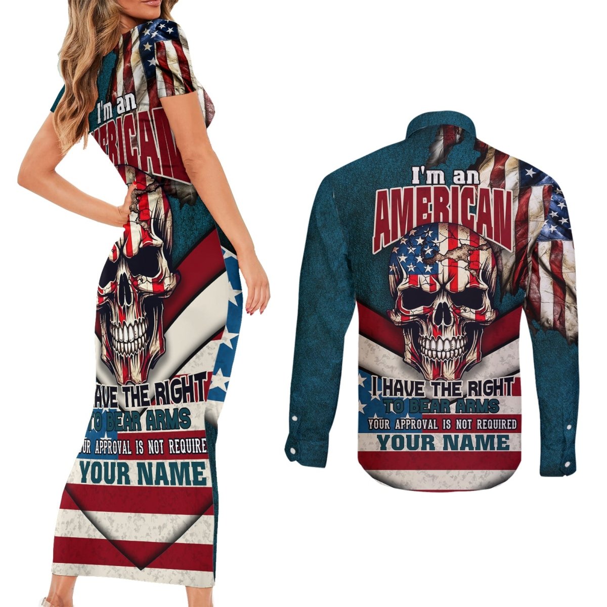 American Flag Skull Couples Matching Short Sleeve Bodycon Dress and Long Sleeve Button Shirts I'm an American I Have The Right To Bear Arms Your Approval Is Not Required TS04 - The Mazicc - S - S - Dark Cyan