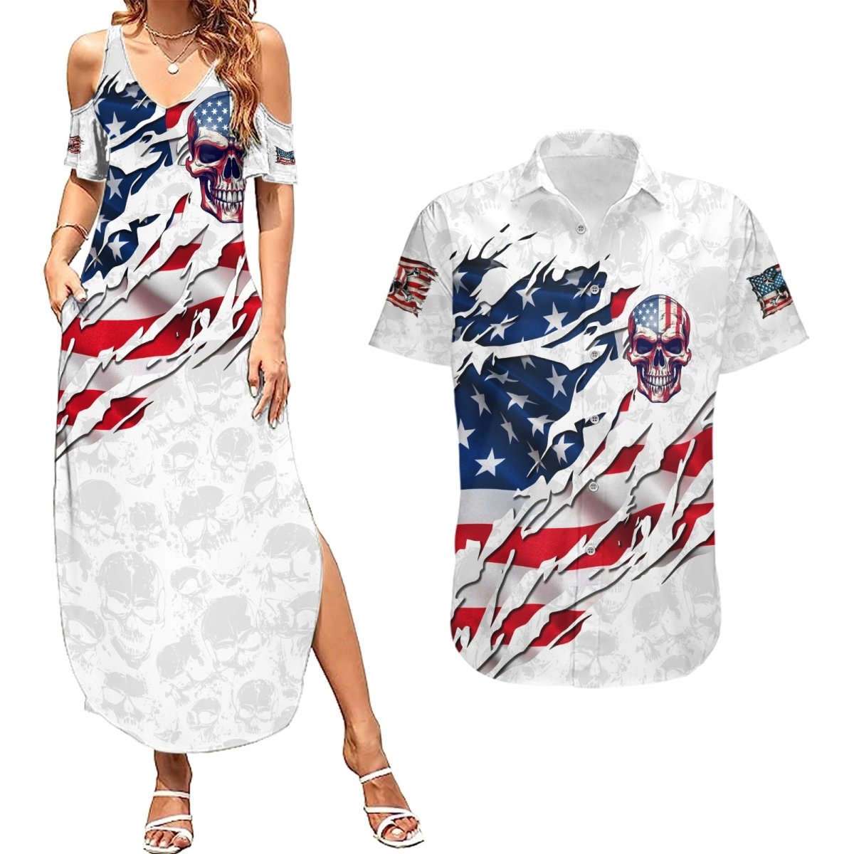 American Flag Skull Couples Matching Summer Maxi Dress and Hawaiian Shirt DT02 - The Mazicc - S - S - White