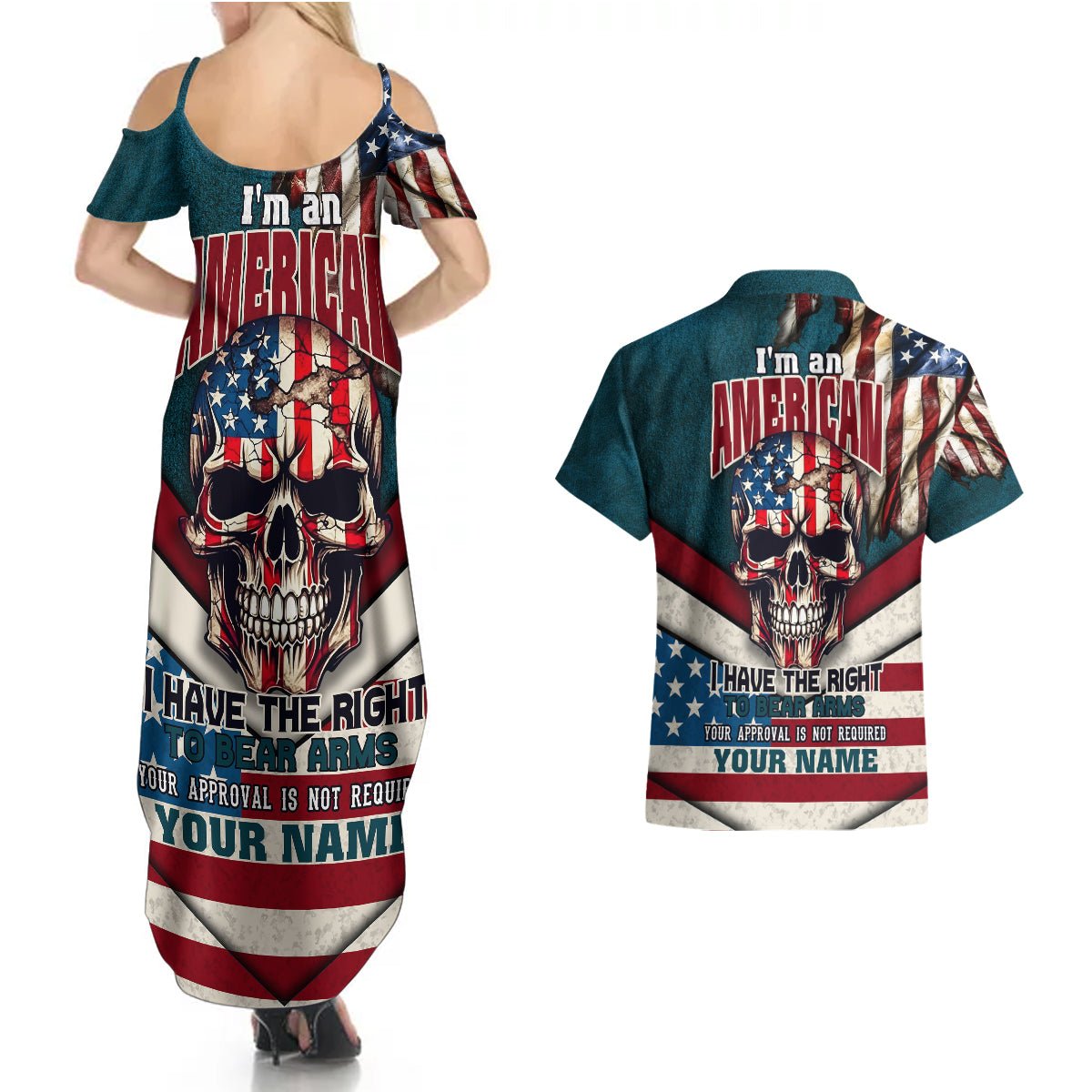 American Flag Skull Couples Matching Summer Maxi Dress and Hawaiian Shirt I'm an American I Have The Right To Bear Arms Your Approval Is Not Required TS04 - The Mazicc - S - S - Dark Cyan